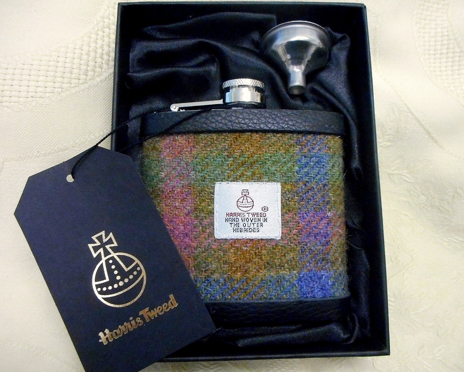 Harris Tweed hip flask blue pink green  with real leather trim made in Scotland  UK