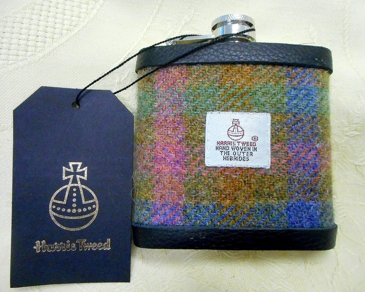 Harris Tweed hip flask blue pink green  with real leather trim made in Scotland  UK