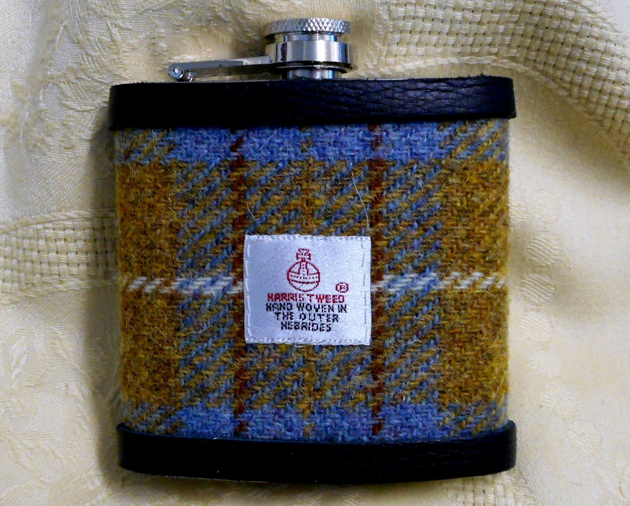 Harris Tweed hip flask mustard blue and russet mens gift