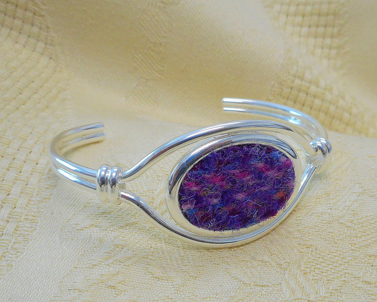 Purple and Pink Harris Tweed  bangle made in Scotland,  womens gift  or bridesmaid jewellery , christmas , birthday or mothers day present,  silver plated bracelet