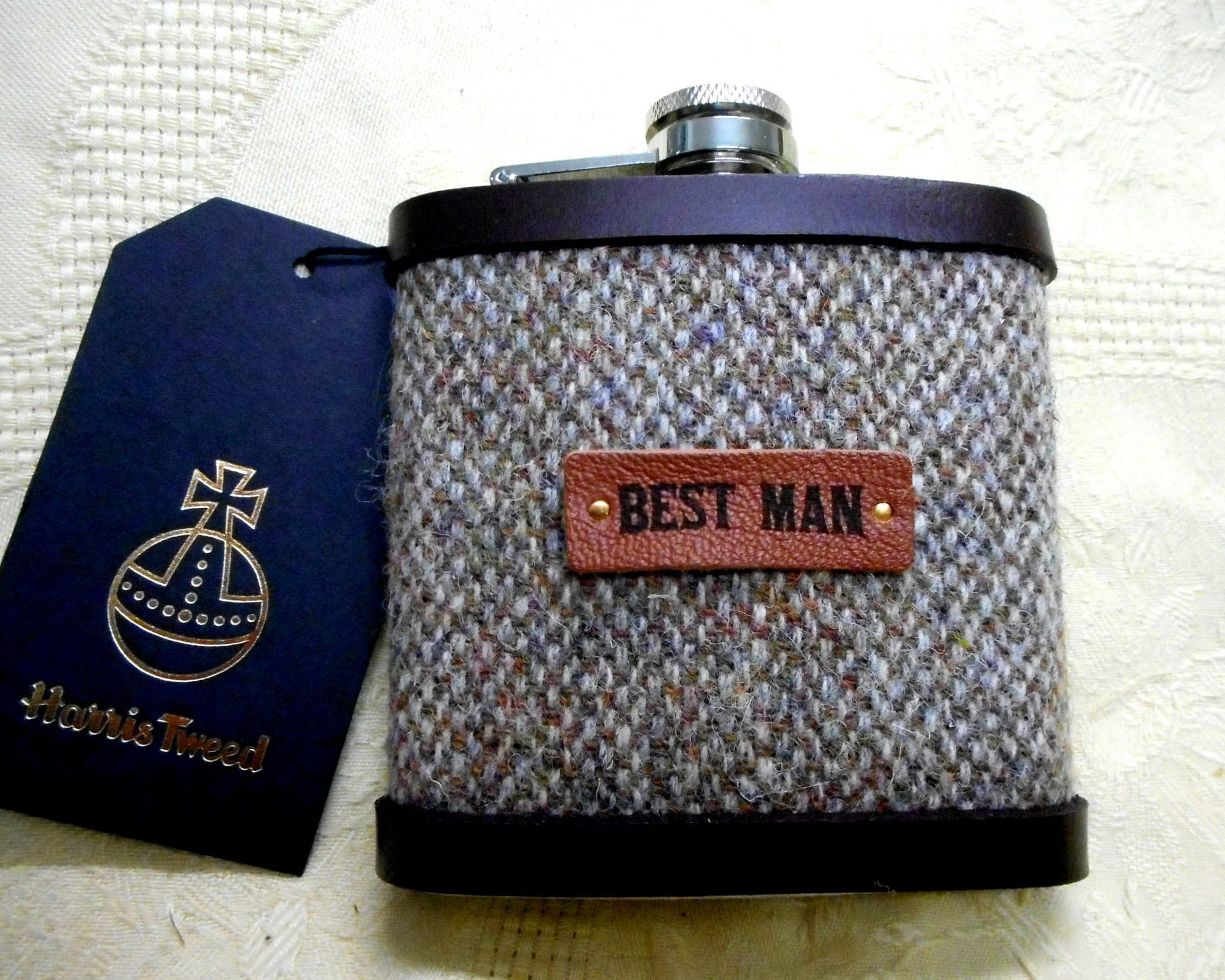 Best Man wedding gift Harris Tweed hip flask oatmeal beige brown , rustic rural  forest or woodland theme leather trimmed
