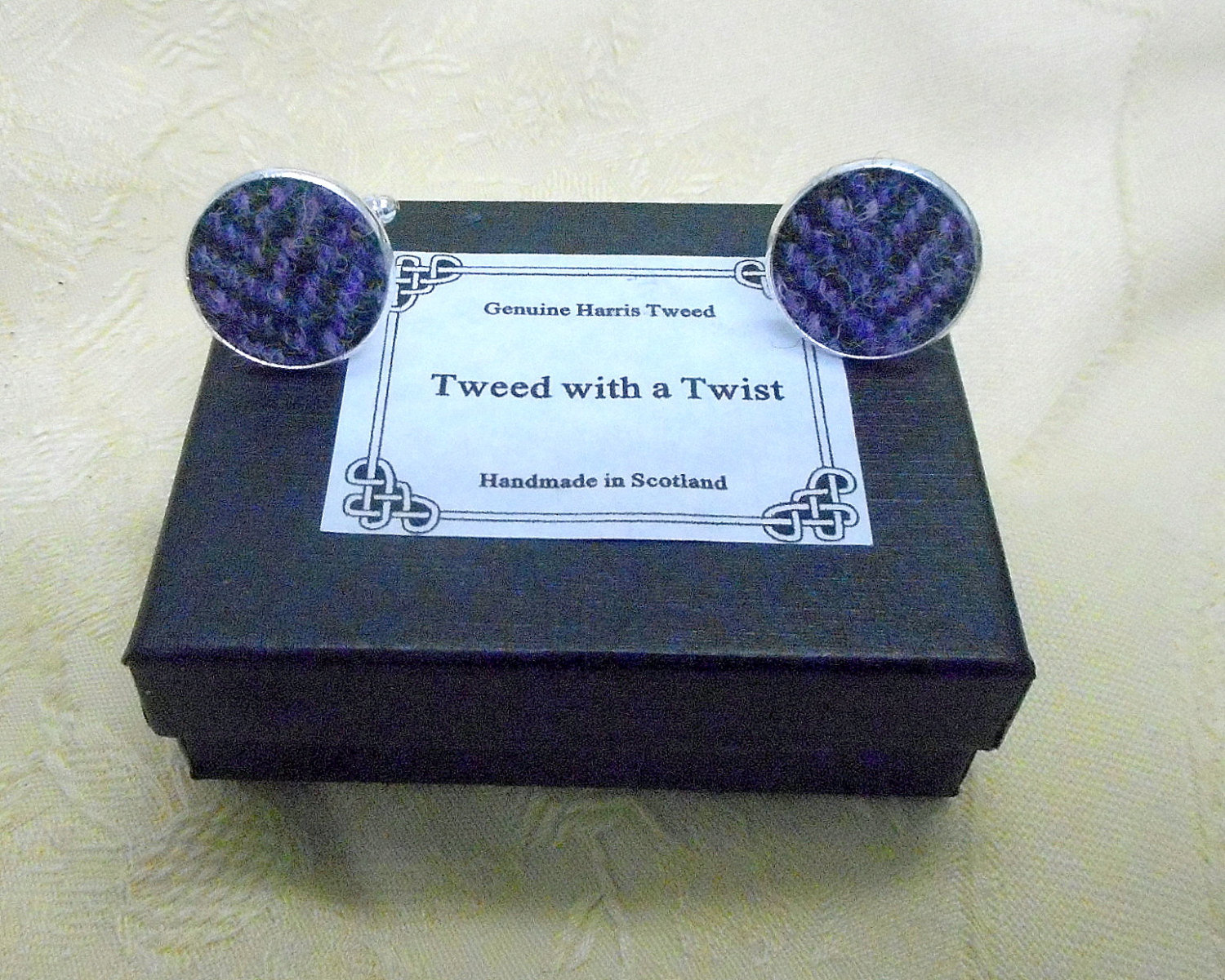 Harris-tweed-cuff-links-purple-round-silver-groomsman-