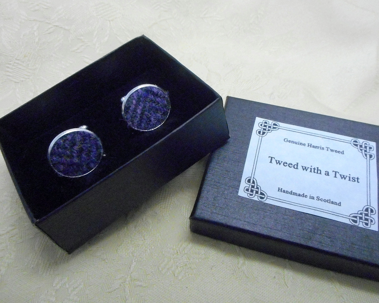 Purple herringbone Harris Tweed cuff links made in Scotland  cufflinks  for weddings, Best Man or Groomsman gift for men
