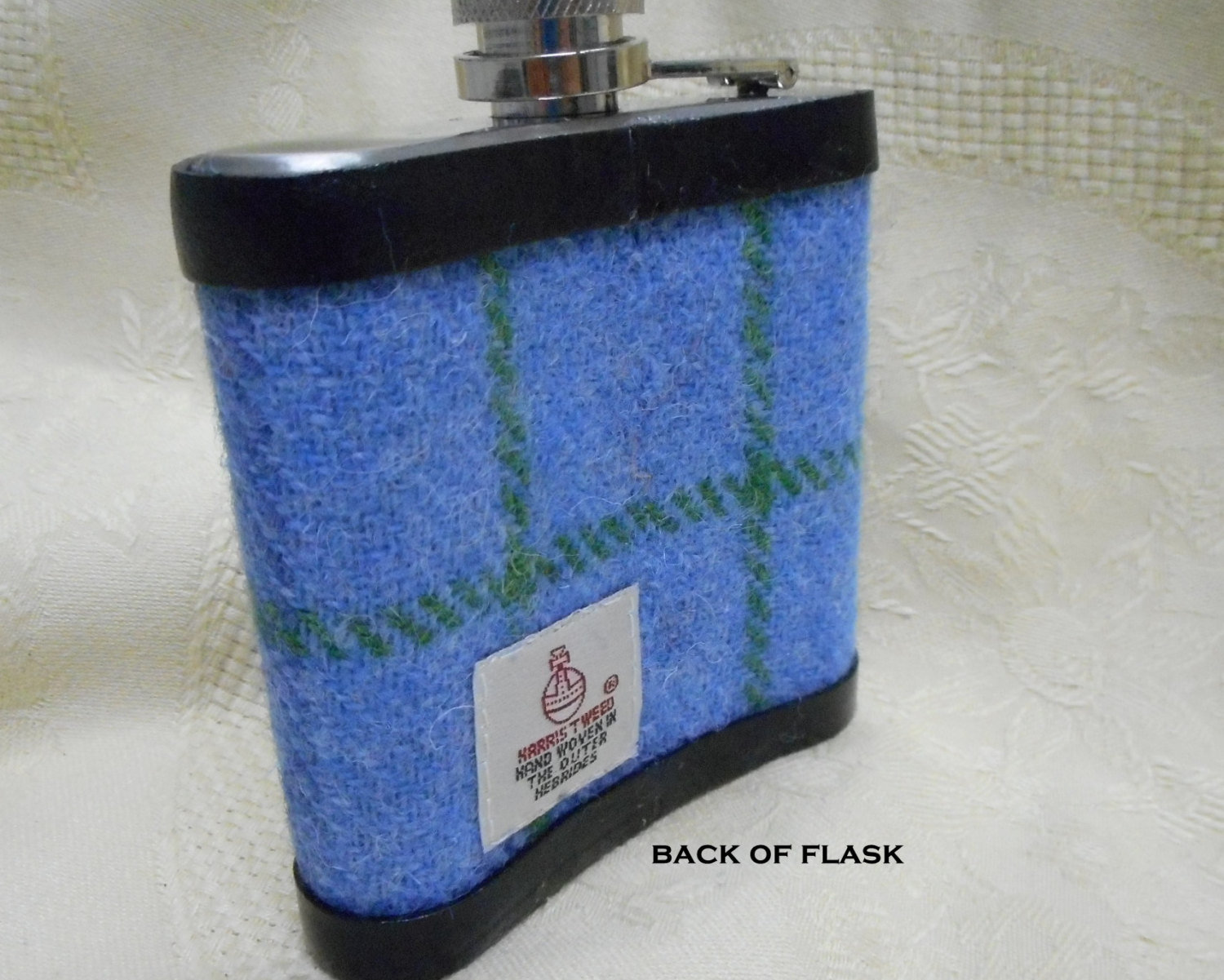 Celtic knot hip flask with blue, green and grey Harris Tweed , an ideal mens gift for christmas or birthday or a present for best man,  usher or groomsman