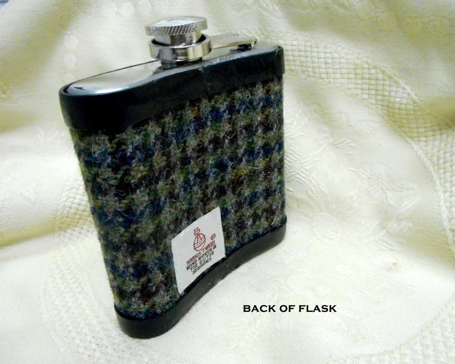 Hip flask in blue green brown Harris Tweed with celtic knot,  a great Best Man or Groomsman gift at weddings, retirement, Christmas or birthday present