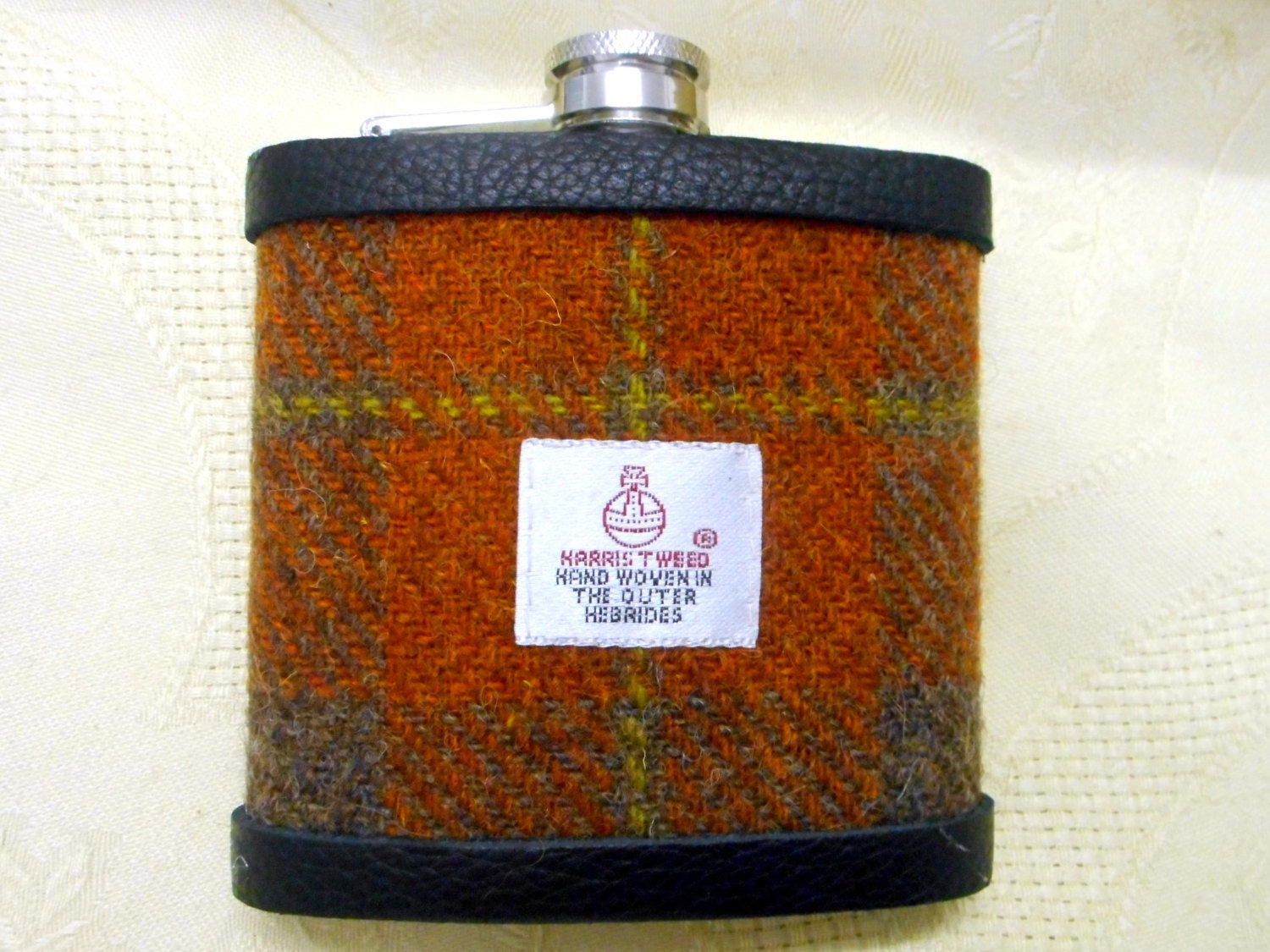 Harris Tweed hip flask russet brown green tartan luxury Scottish gift