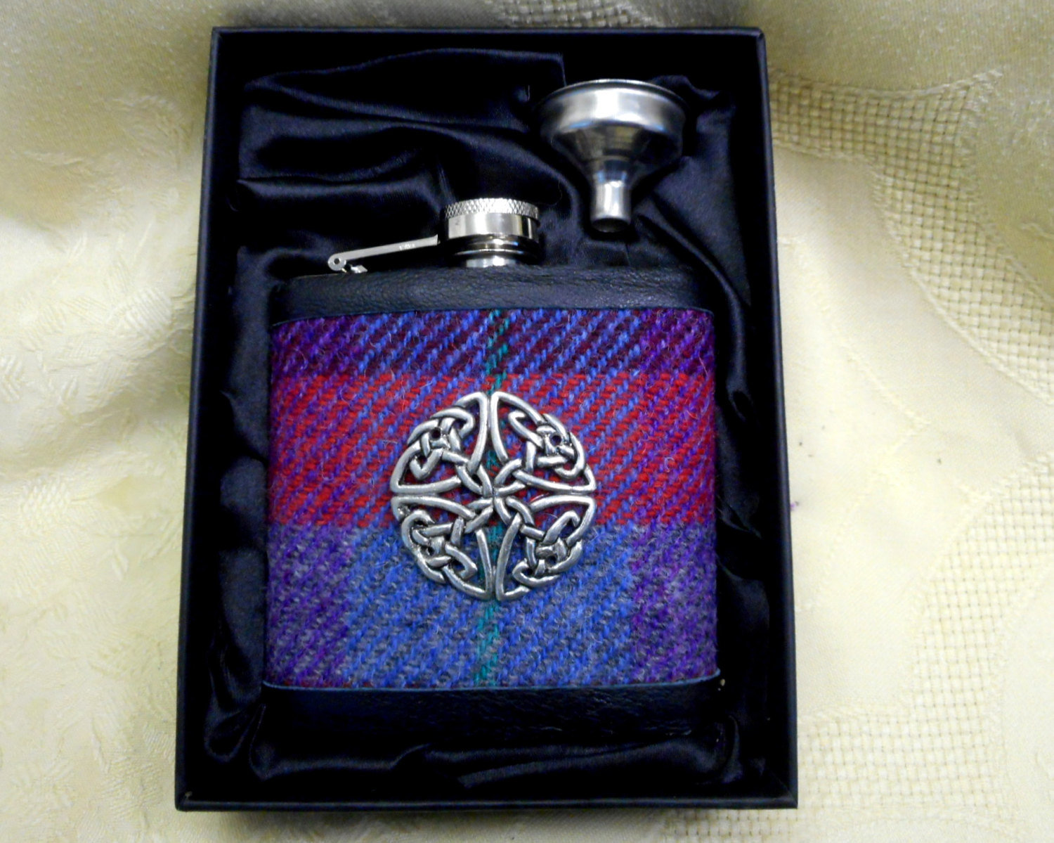 Harris Tweed hip flask blue red purple with Celtic knot made in Scotland  UK