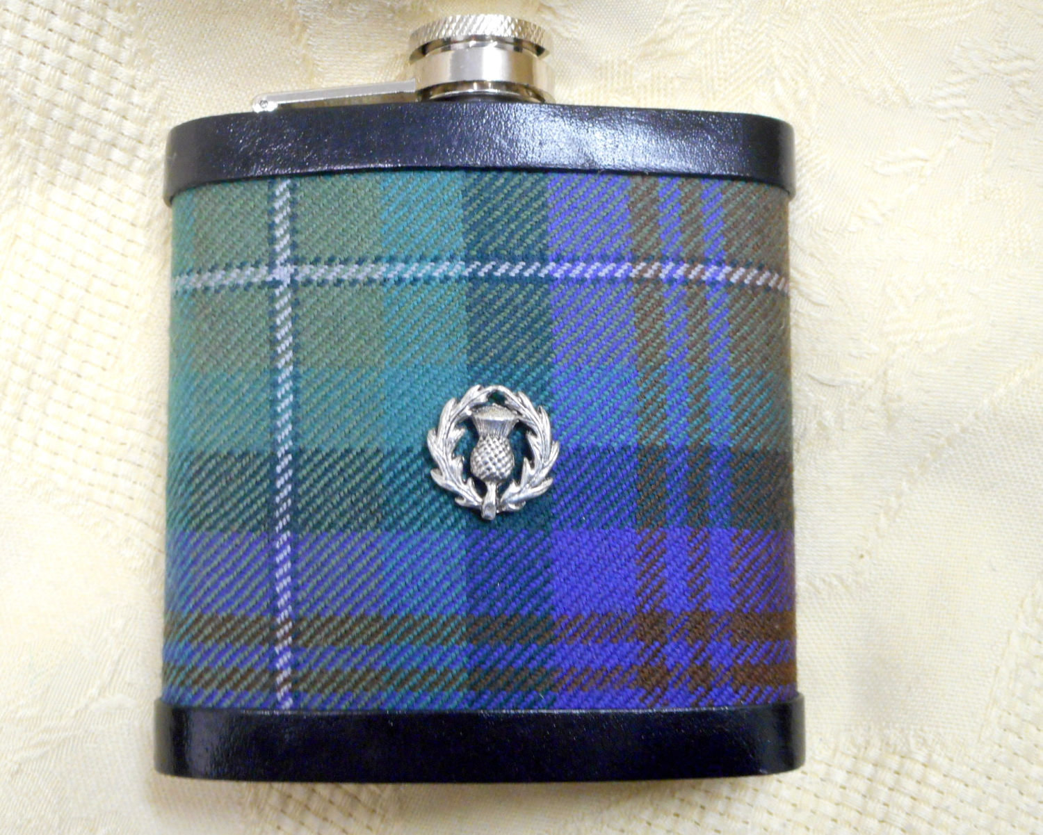 Tartan hip flask Isle of Skye plaid with thistle Scottish gift for men ideal retirement  best man or usher's gift