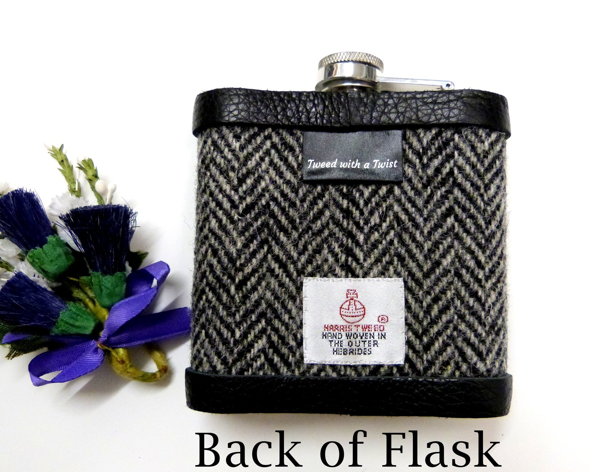 Harris Tweed Hip flask with black leather tag hand embossed initialsin a choice of 30 different  colours unique personalised gift for Christmas, birthday, Best Man