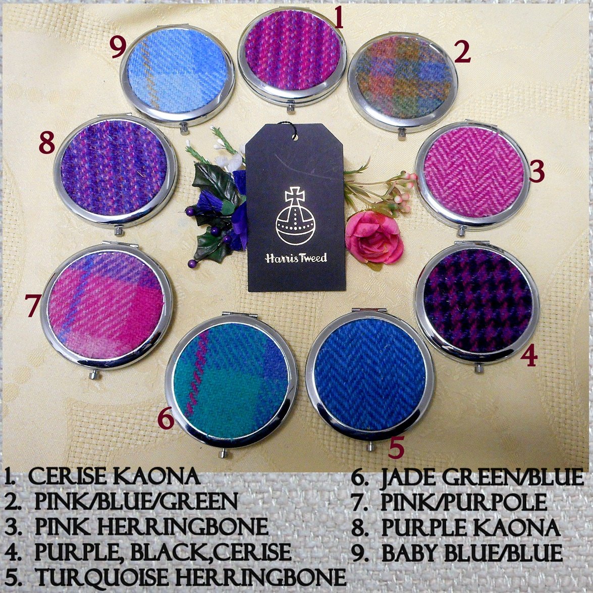 Bridesmaid gift in Harris Tweed Compact Mirror,  choice of colour made in Scotland by Tweed with a Twist