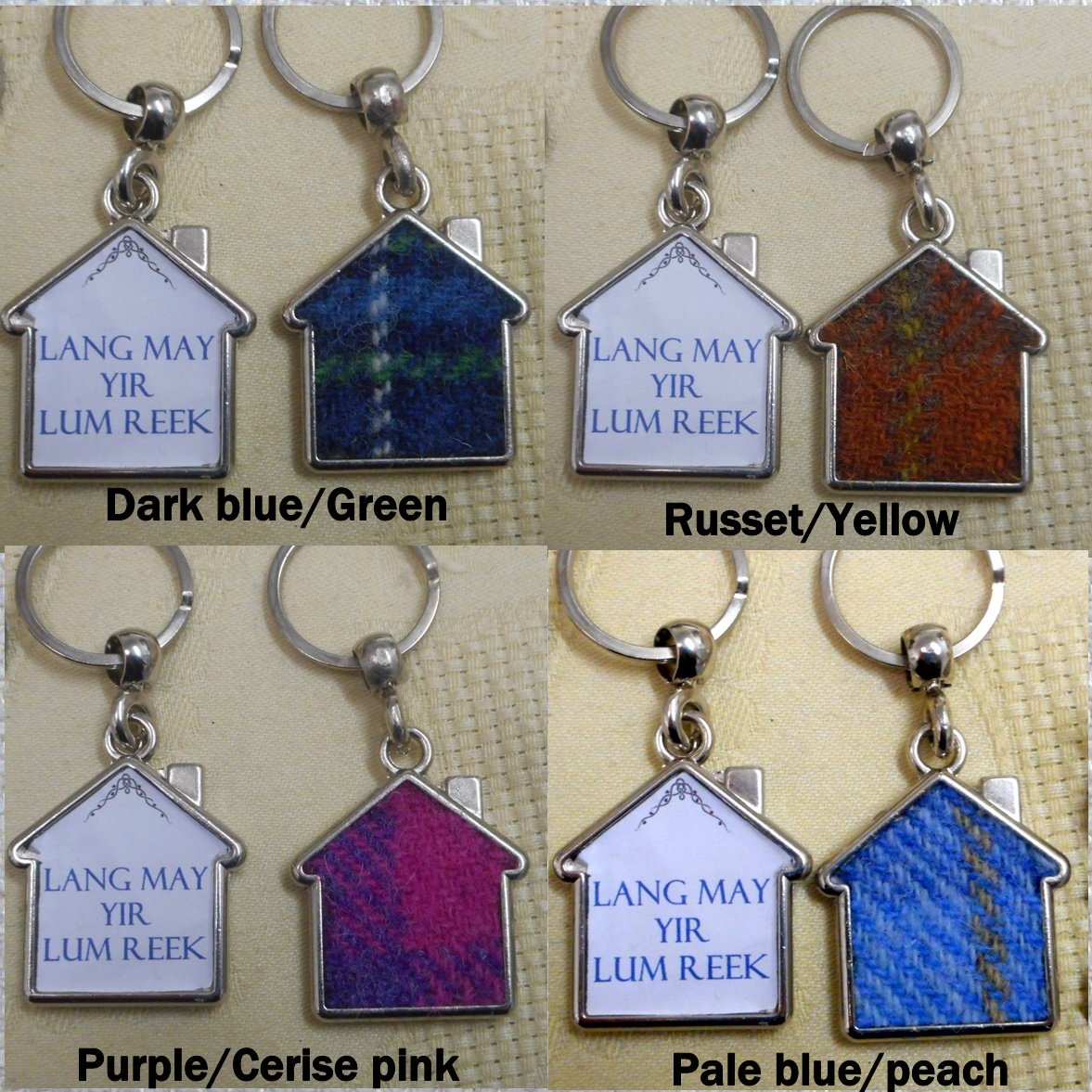 Scottish quote keyring, Harris Tweed key fob, housewarming gift or Wedding favour Lang may your lum reek, made in Scotland small gift