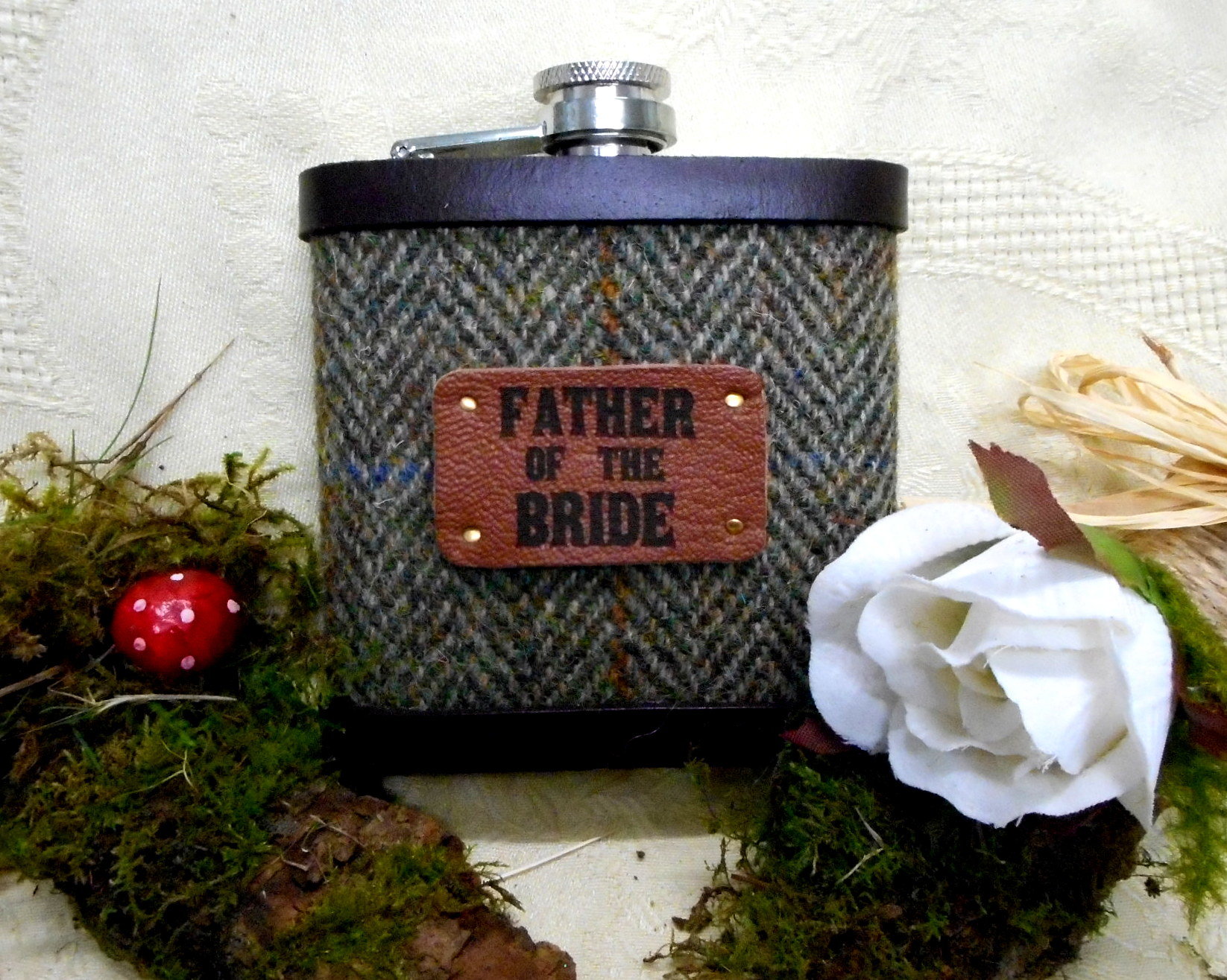 Harris Tweed Hip Flasks with standard leather labels in sets of 3-6 for Best Man, Usher, Father of Bride or groomsmen, etc. Scottish luxury gift