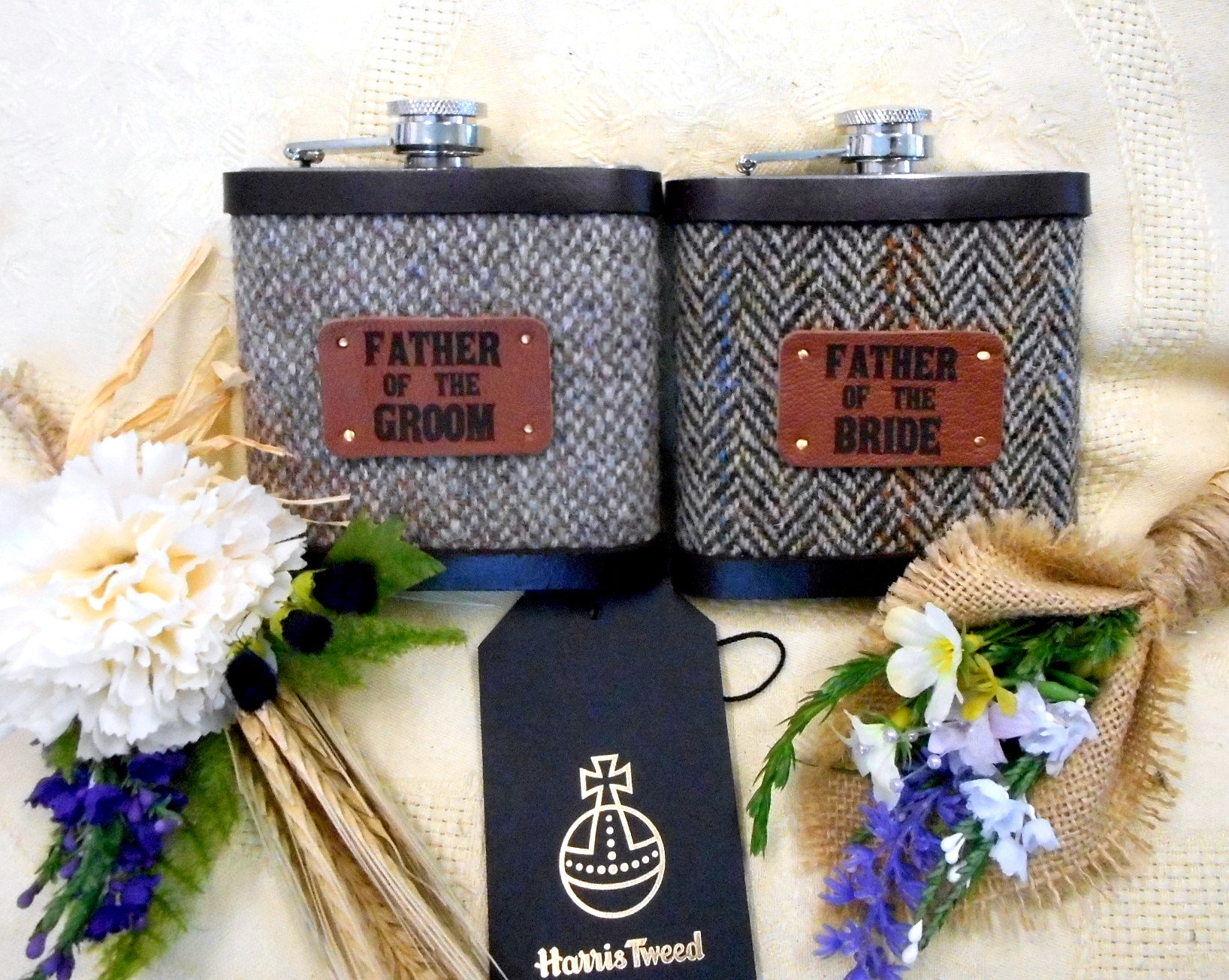 Harris Tweed Hip Flasks with standard leather labels in sets of 3-6 for Best Man, Usher, Father of Bride or groomsmen, etc. Scottish luxury gift