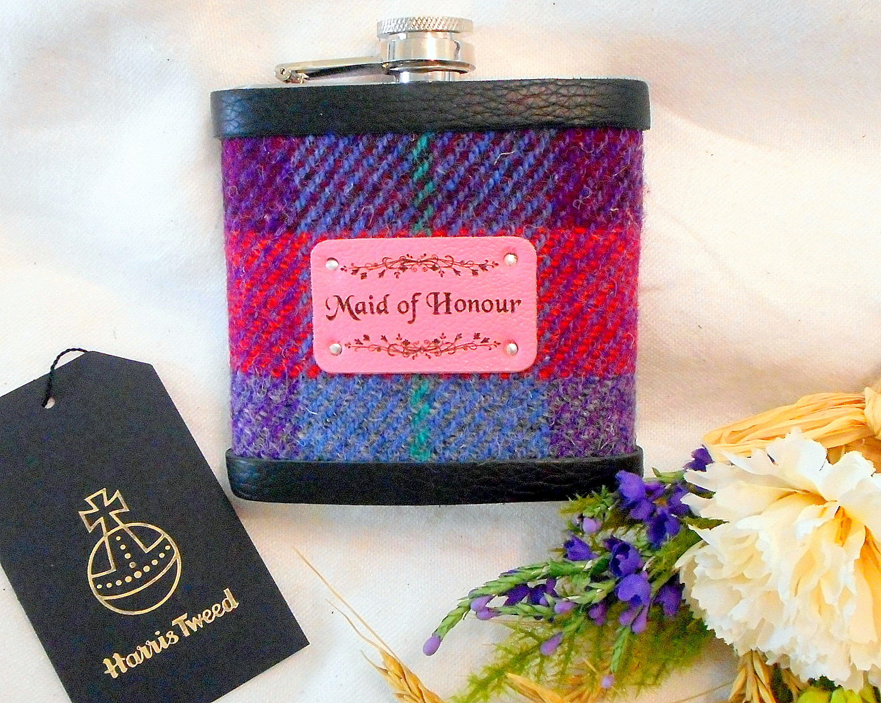 Maid- of-honour-gift-wedding-harris-tweed-hip-flask