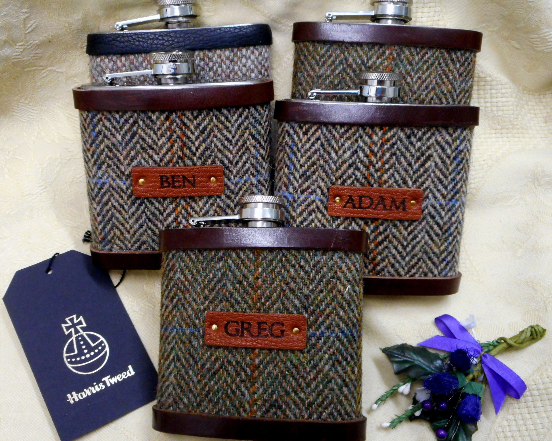 Personalised Groomsman gifts  Harris Tweed hip flasks with individual names on leather labels Scottish luxury gift for wedding  Best Man, Usher, Father of Bride or groom, choice of tweeds.
