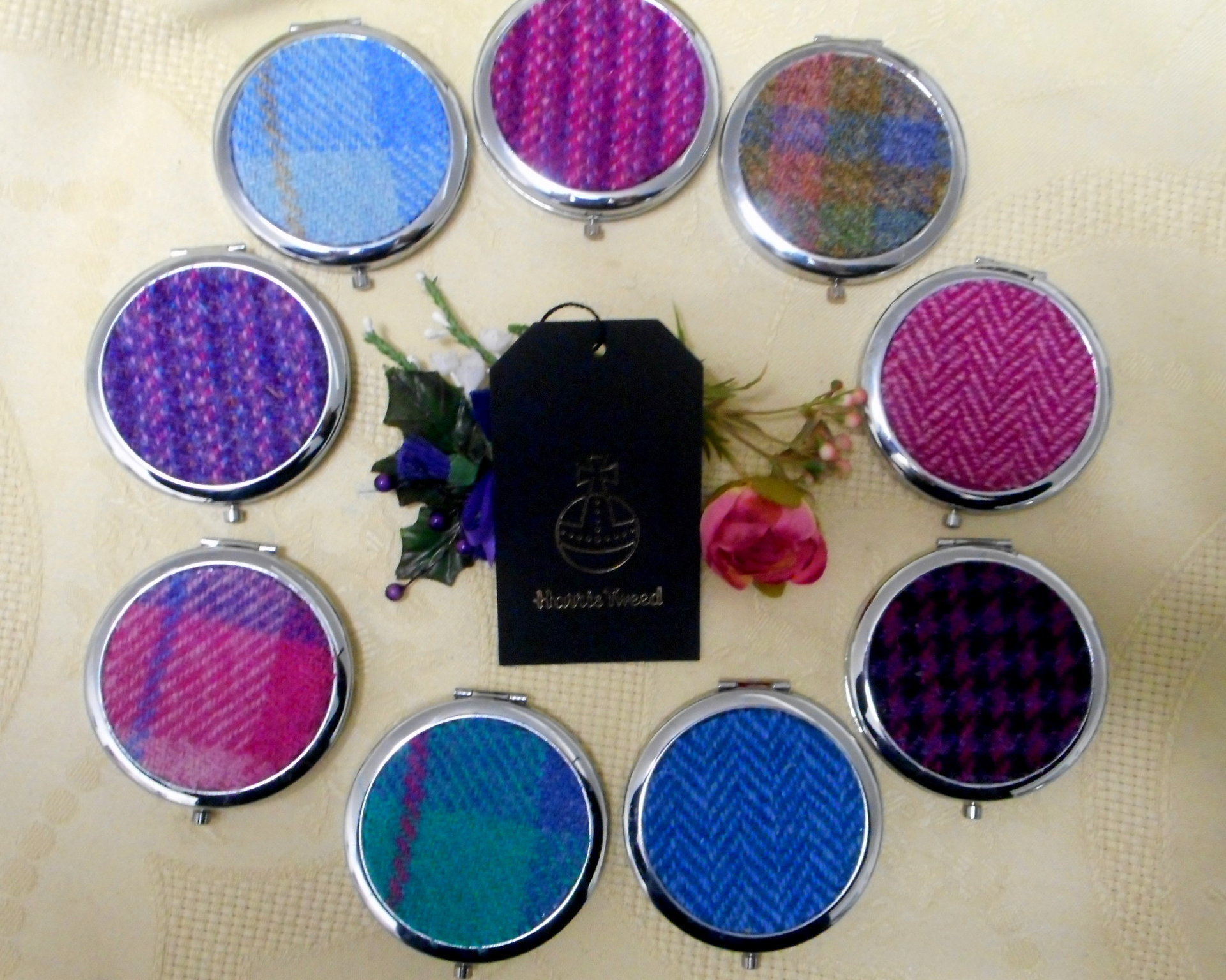 Purple blue Pink Compact Mirror  Kaona Harris Tweed,  Scottish gift for mother, sister,best friend or teacher ,handbag or pocket accessory,  made in Scotland by Tweed with a Twist