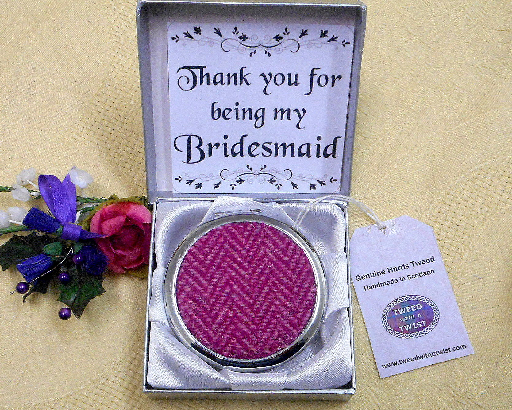 Bridesmaid gift in Harris Tweed Compact Mirror,  choice of colour made in Scotland by Tweed with a Twist