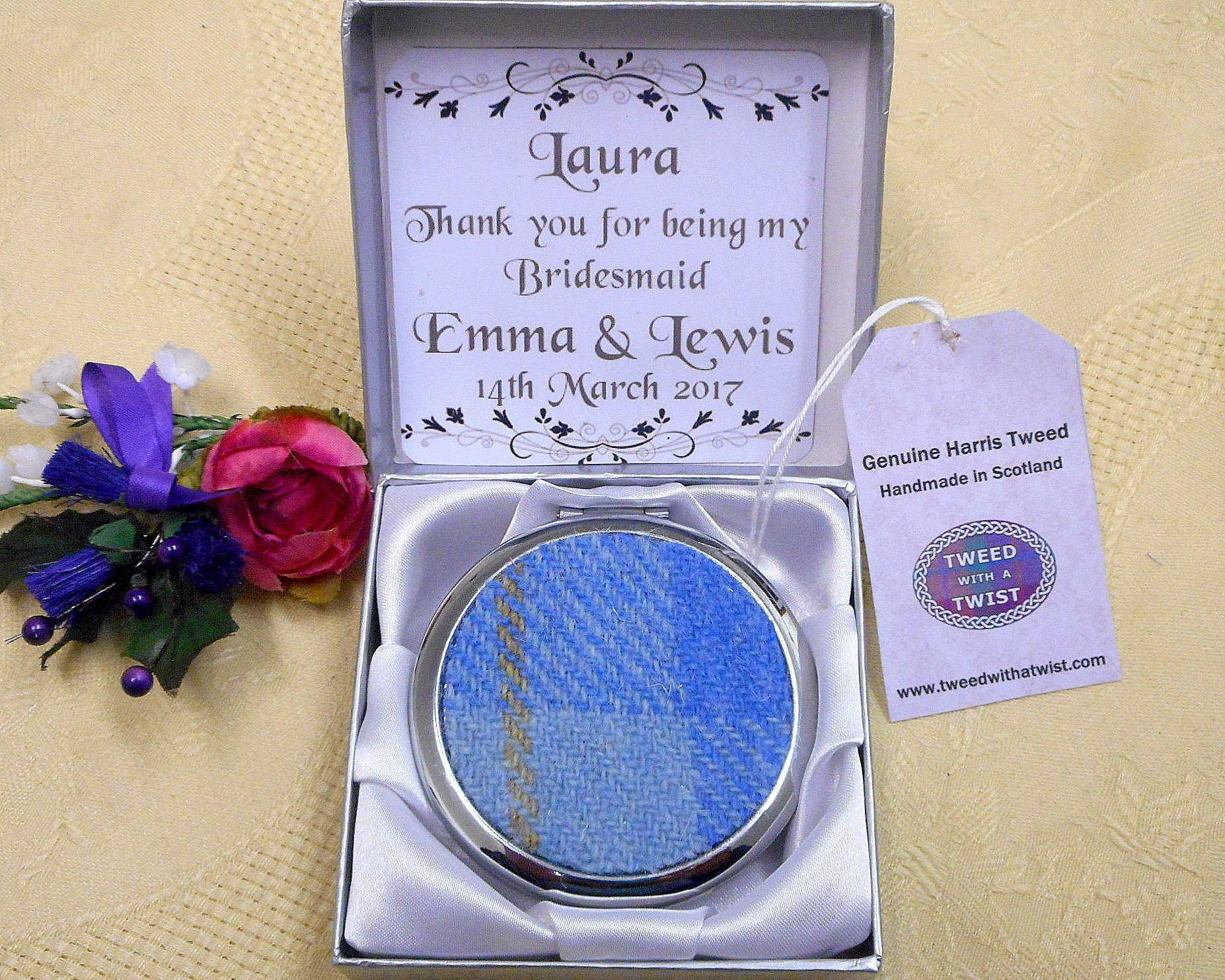 Personalised Bridesmaid gift Compact Mirrors in Harris Tweed,  choice of colour made in Scotland by Tweed with a Twist