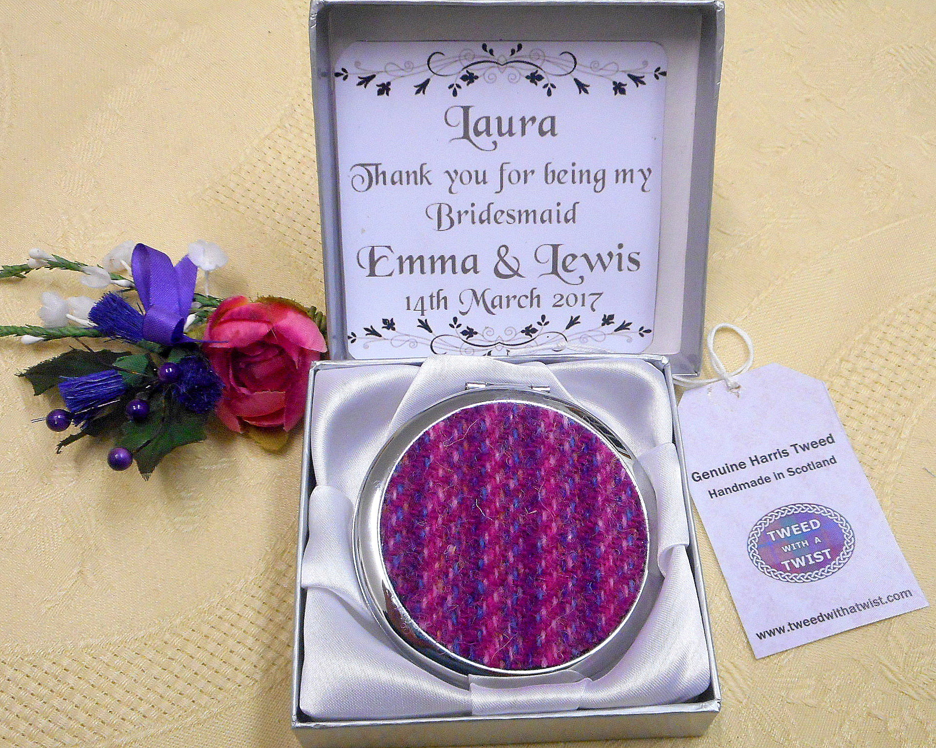 Personalised Bridesmaid gift Compact Mirrors in Harris Tweed,  choice of colour made in Scotland by Tweed with a Twist