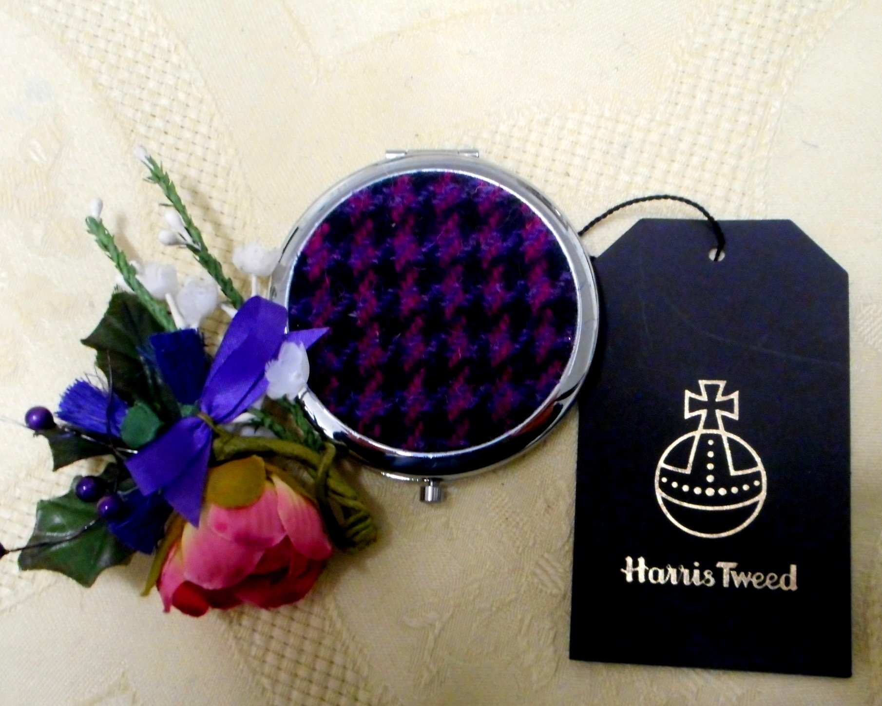 Purple Pink and black Compact Mirror  Harris Tweed,  Scottish womens gift,  for mother, sister, teacher or best friend handbag or pocket accessory, round silver plated made in Scotland UK