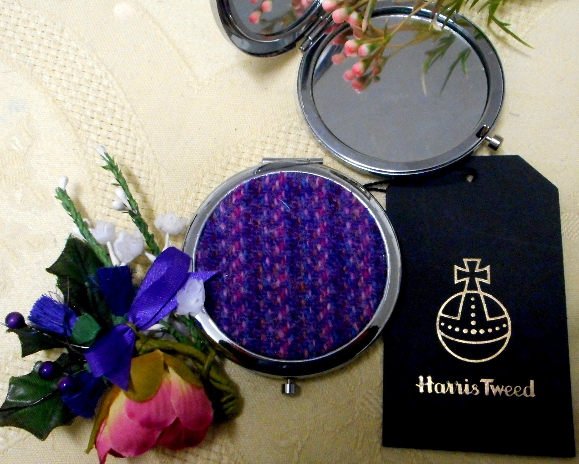 Purple blue Pink Compact Mirror  Kaona Harris Tweed,  Scottish gift for mother, sister,best friend or teacher ,handbag or pocket accessory,  made in Scotland by Tweed with a Twist