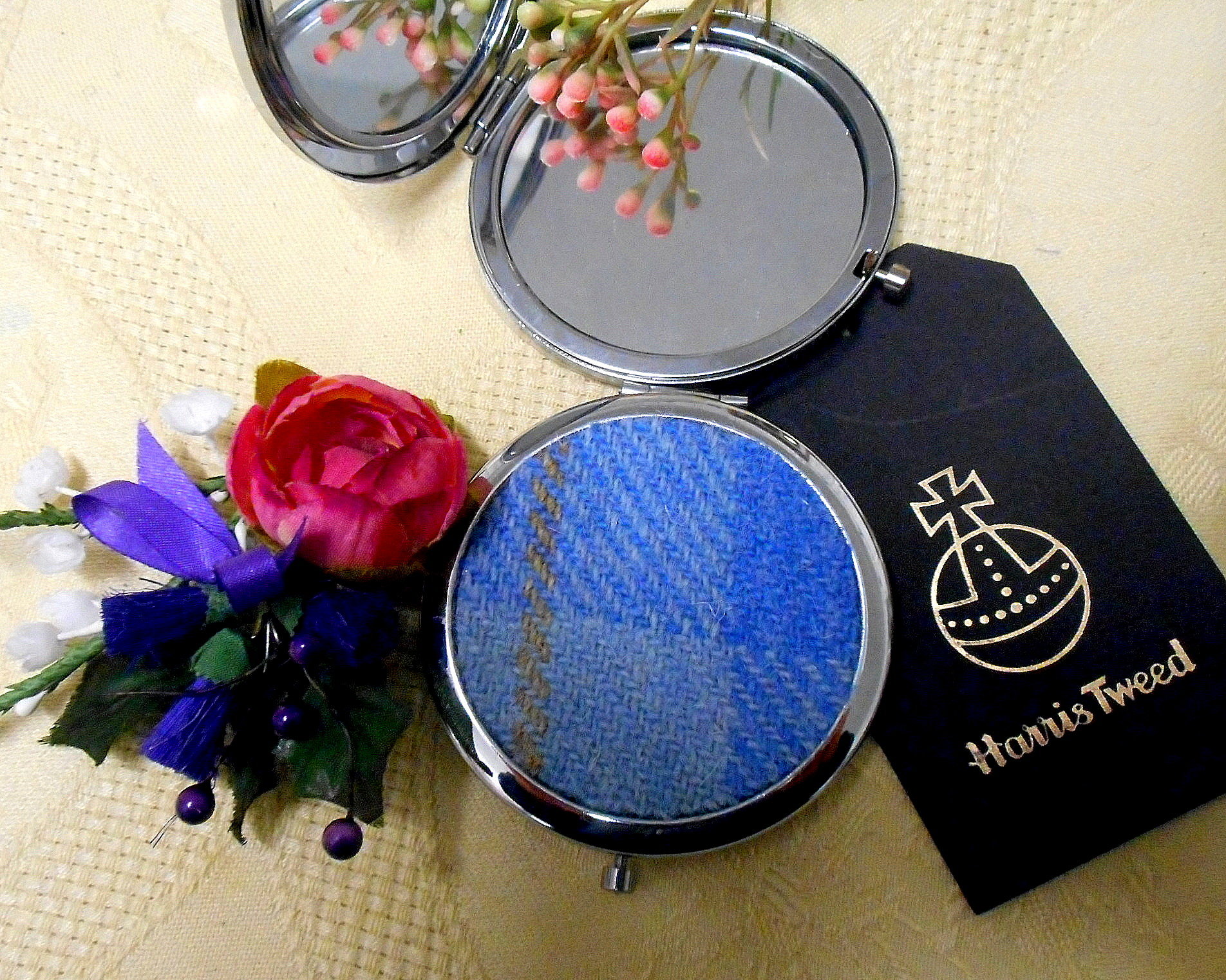 Baby blue plaid Harris Tweed compact mirror  womens gift for Mother, sister, best friend, handbag or pocket accessory, made in Scotland UK