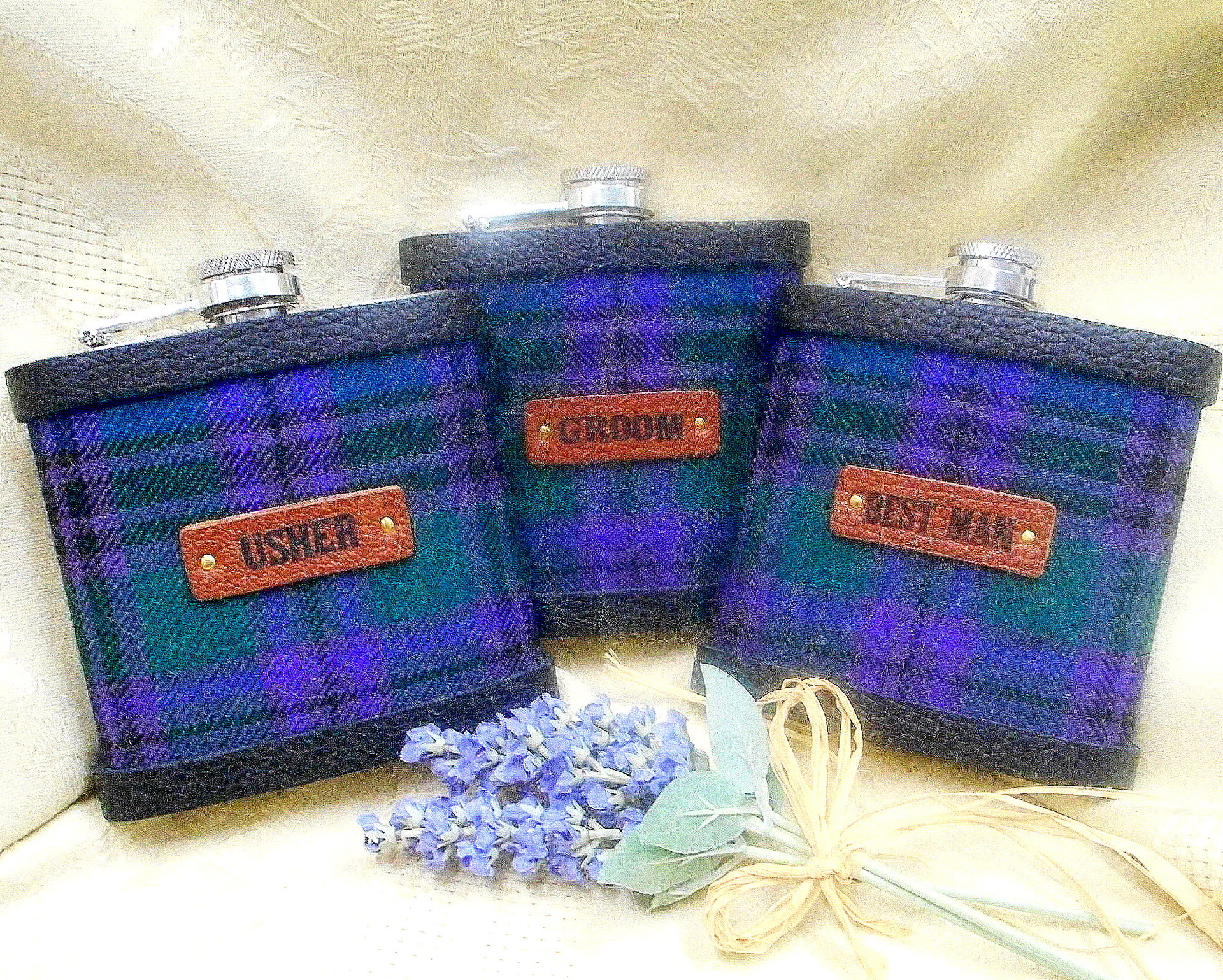 Your Wedding kilt tartan Hip Flasks  with standard leather labels for Best Man, Usher, Father of Bride or groomsmen, etc. .Scottish luxury gift