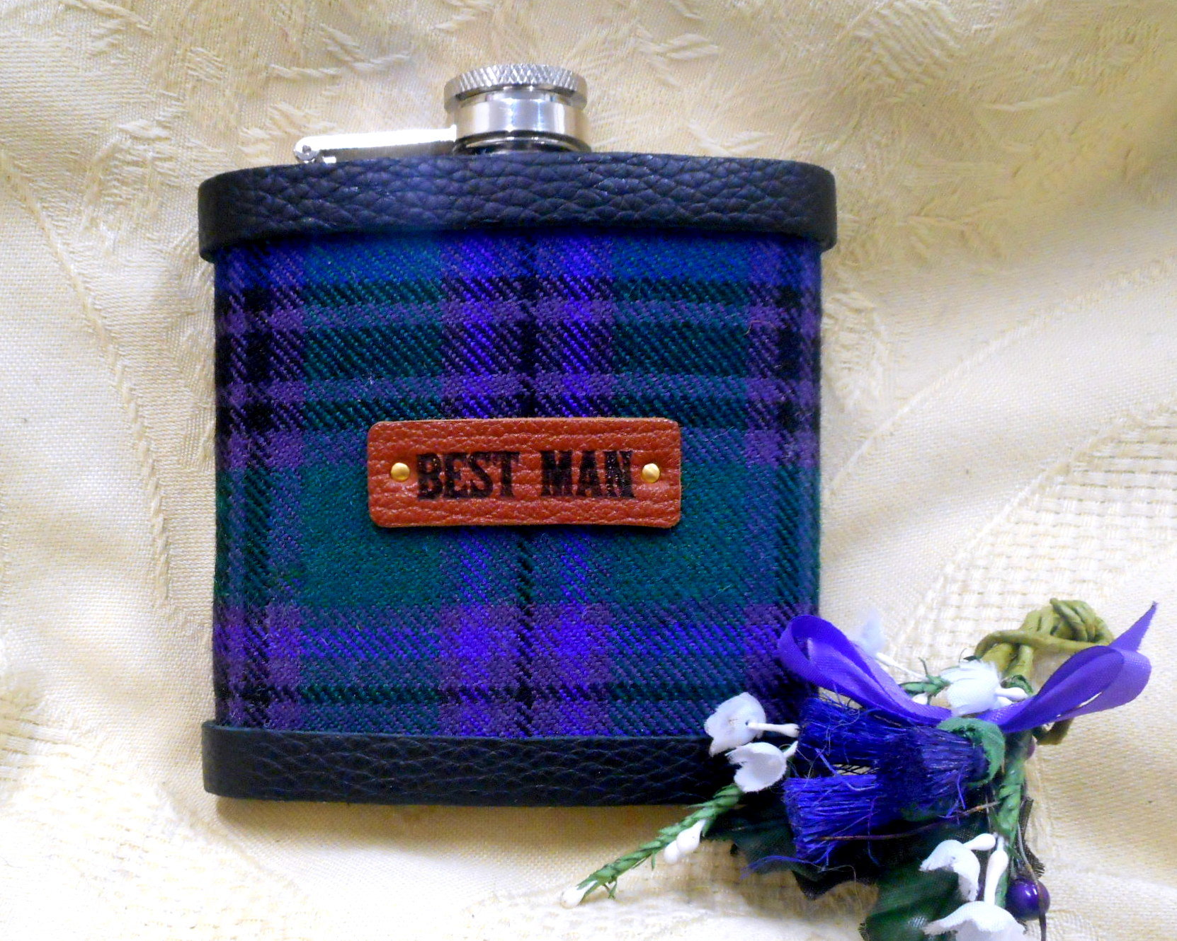 Your Wedding kilt tartan Hip Flasks  with standard leather labels for Best Man, Usher, Father of Bride or groomsmen, etc. .Scottish luxury gift