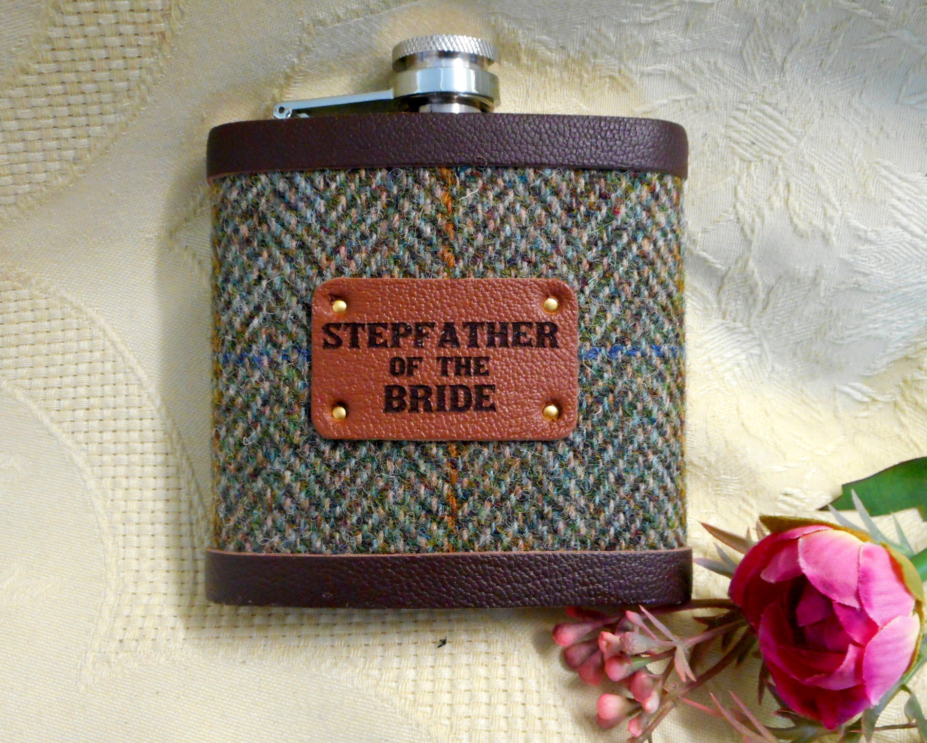 Stepfather of the Bride or Groom wedding gift Harris Tweed hip flask with leather trim, choice of many tweeds, personalized gift