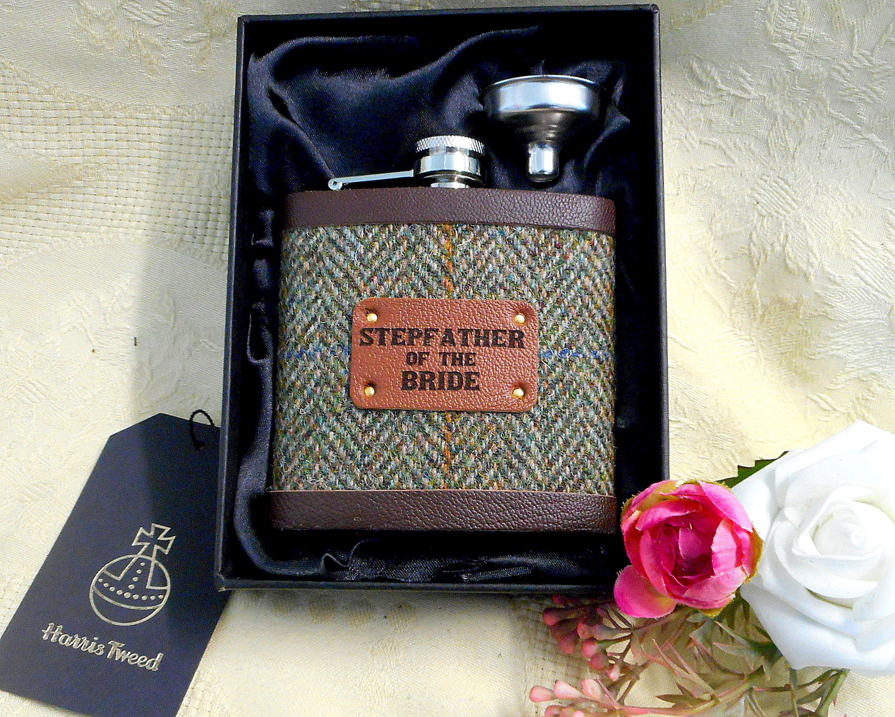 Stepfather of the Bride or Groom wedding gift Harris Tweed hip flask with leather trim, choice of many tweeds, personalized gift