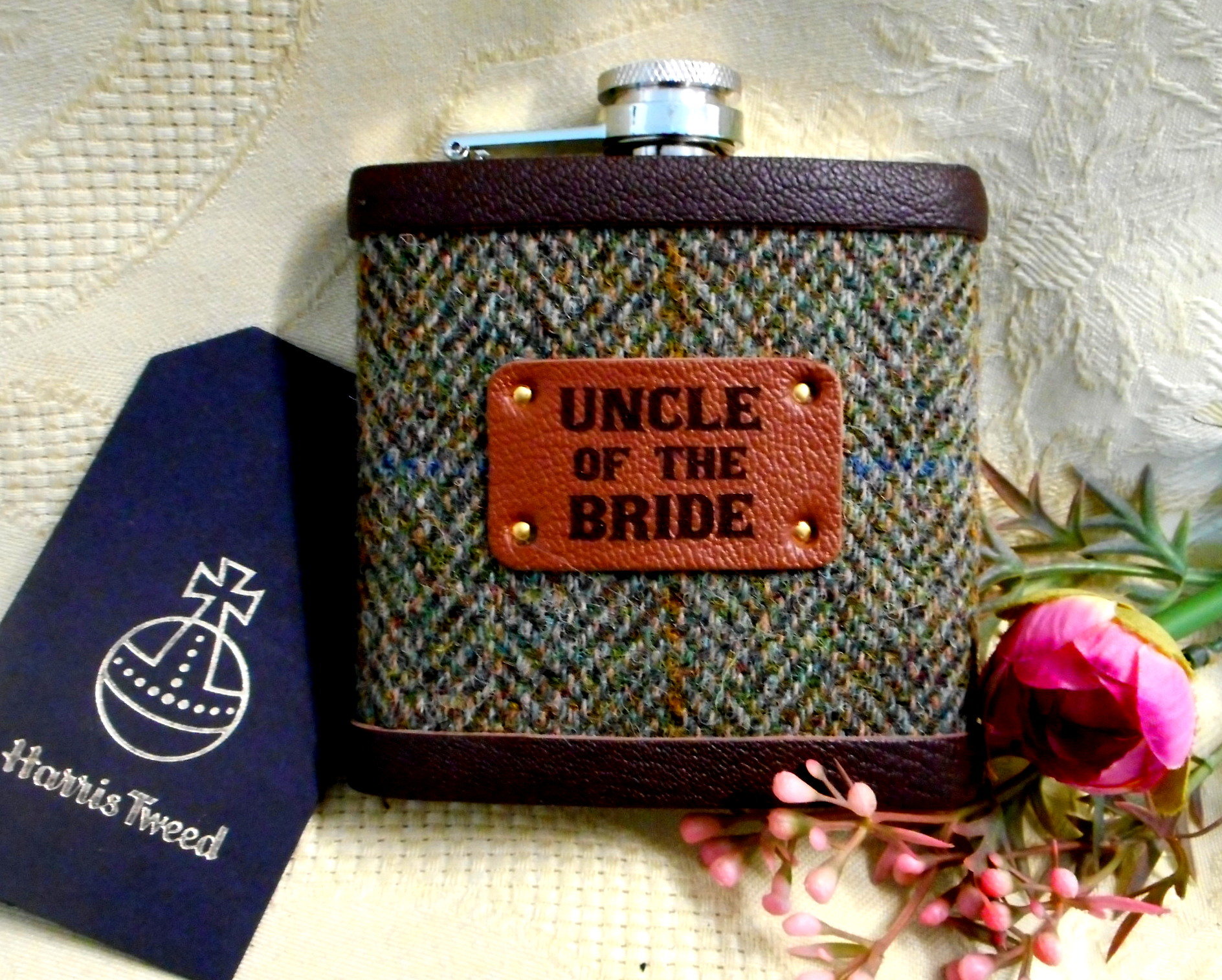 Uncle of the Bride or Groom Harris Tweed hip flask with leather trim, choice of many tweeds, personalized wedding gift