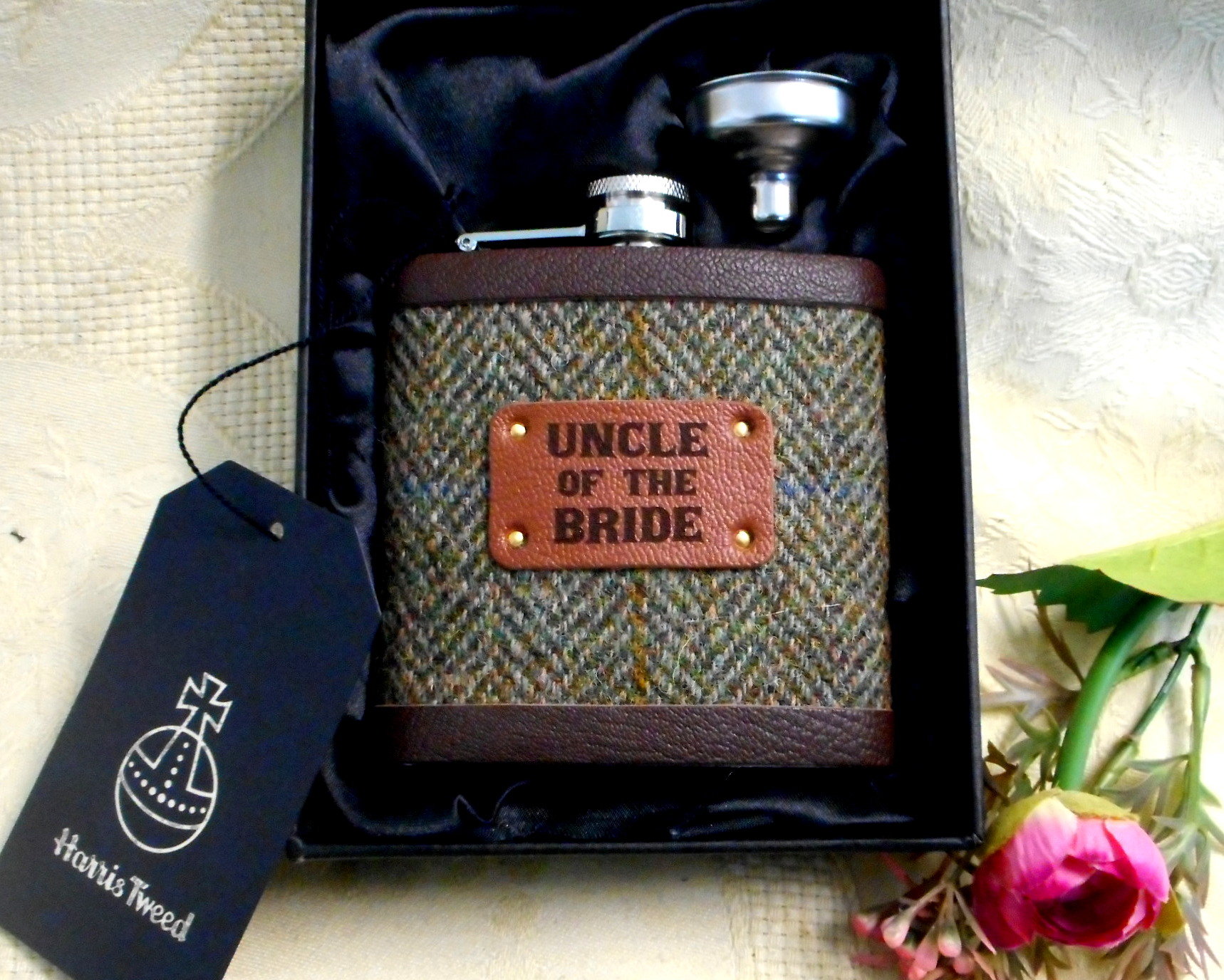 Uncle of the Bride or Groom Harris Tweed hip flask with leather trim, choice of many tweeds, personalized wedding gift