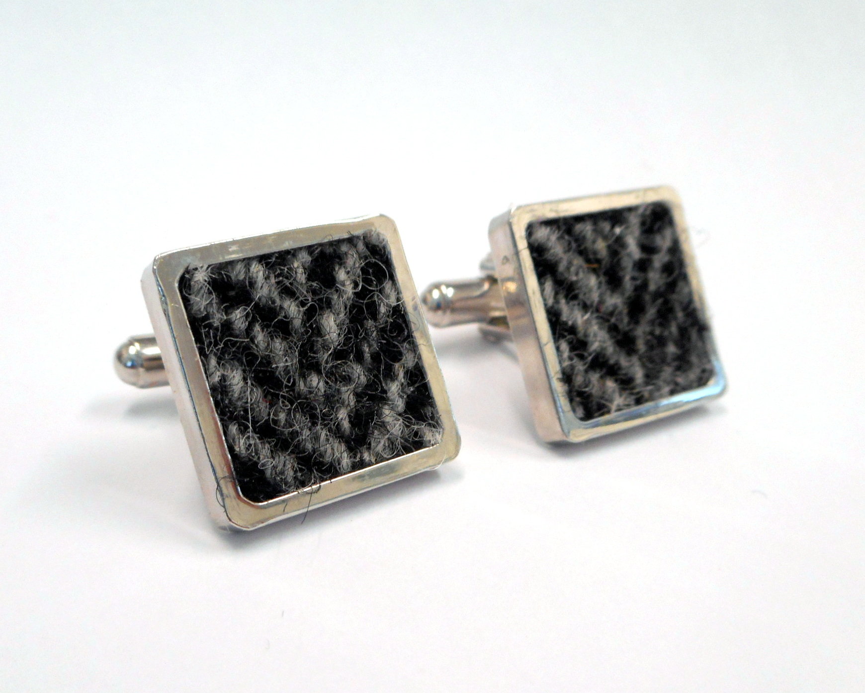 Harris Tweed square cuff links in traditional grey and black herringbone weave mens gift made in Scotland ideal for weddings