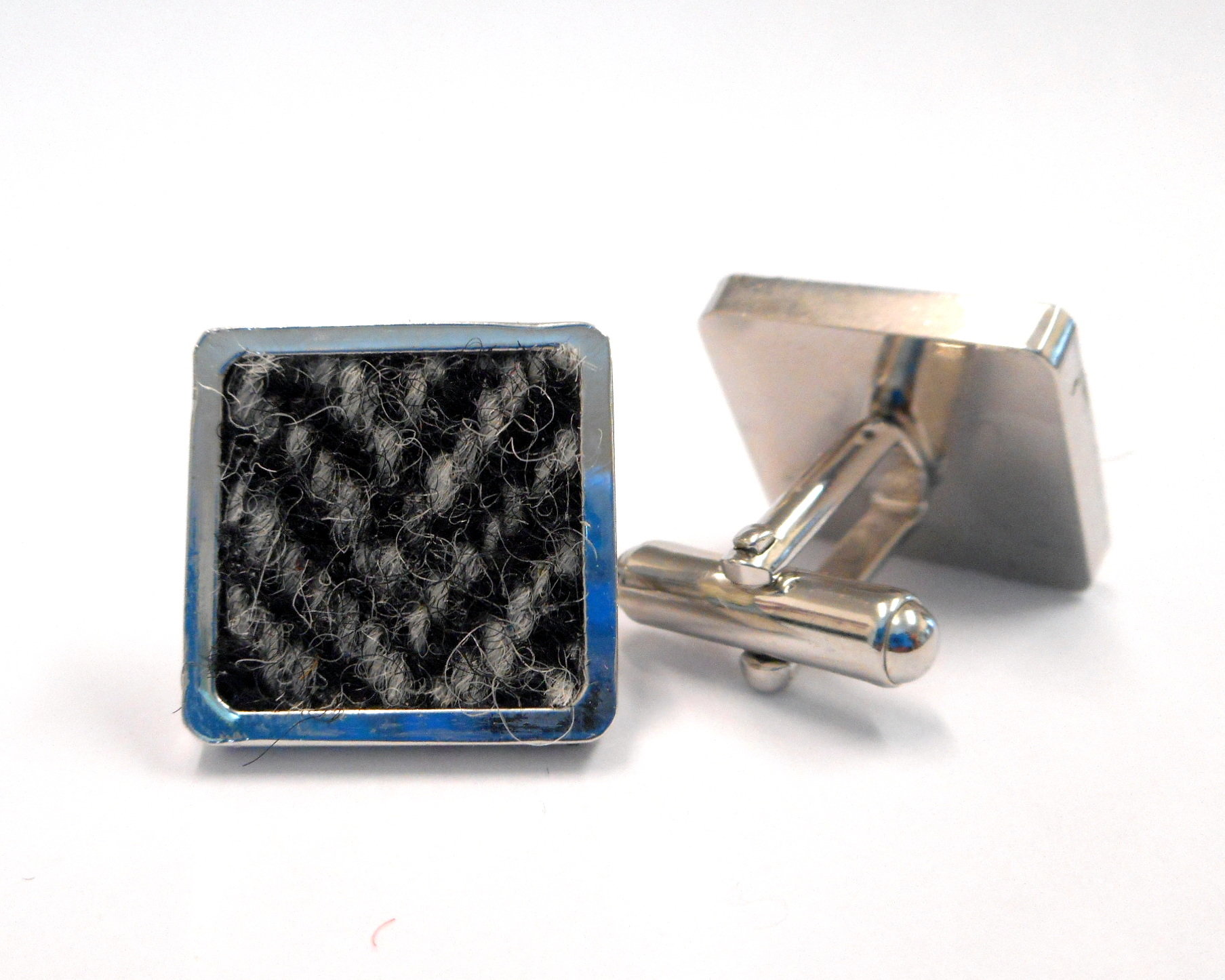 Harris Tweed square cuff links in traditional grey and black herringbone weave mens gift made in Scotland ideal for weddings