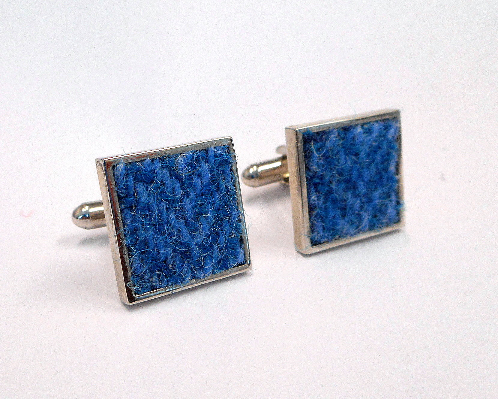 Blue Harris Tweed cuff links made in Scotland mens accessories, groomsmans wedding square cufflinks , Christmas gift for him traditional herringbone fabric