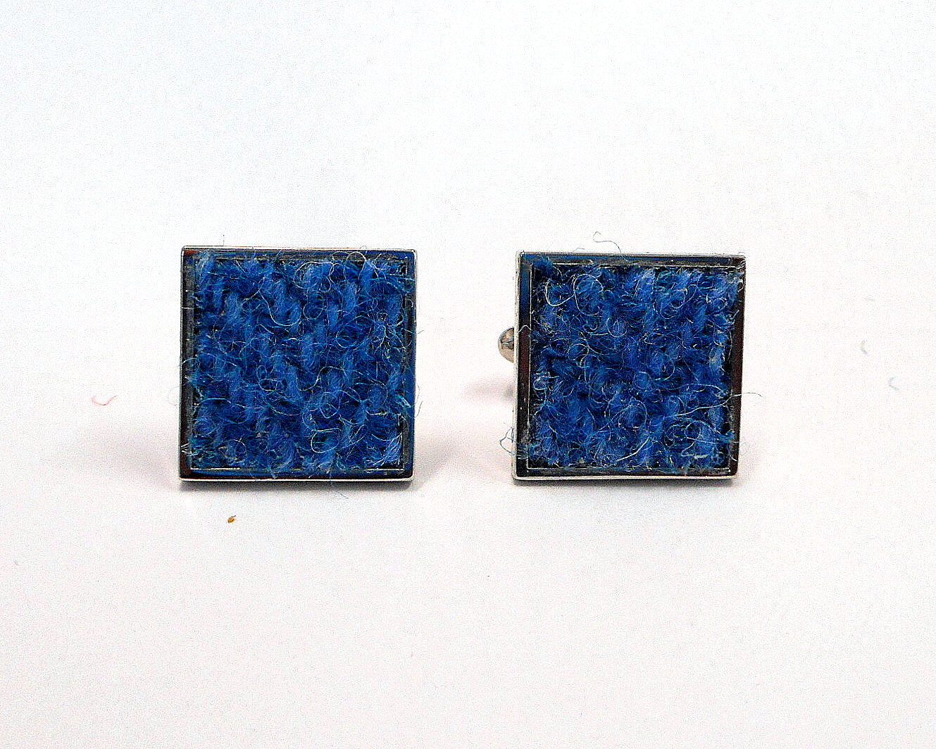 Blue Harris Tweed cuff links made in Scotland mens accessories, groomsmans wedding square cufflinks , Christmas gift for him traditional herringbone fabric