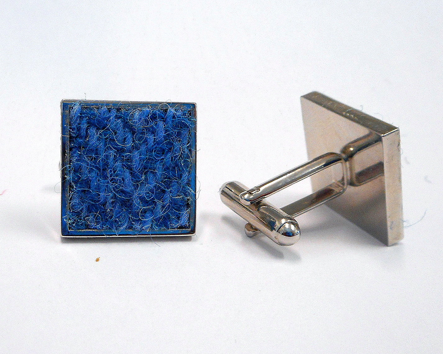 Blue Harris Tweed cuff links made in Scotland mens accessories, groomsmans wedding square cufflinks , Christmas gift for him traditional herringbone fabric