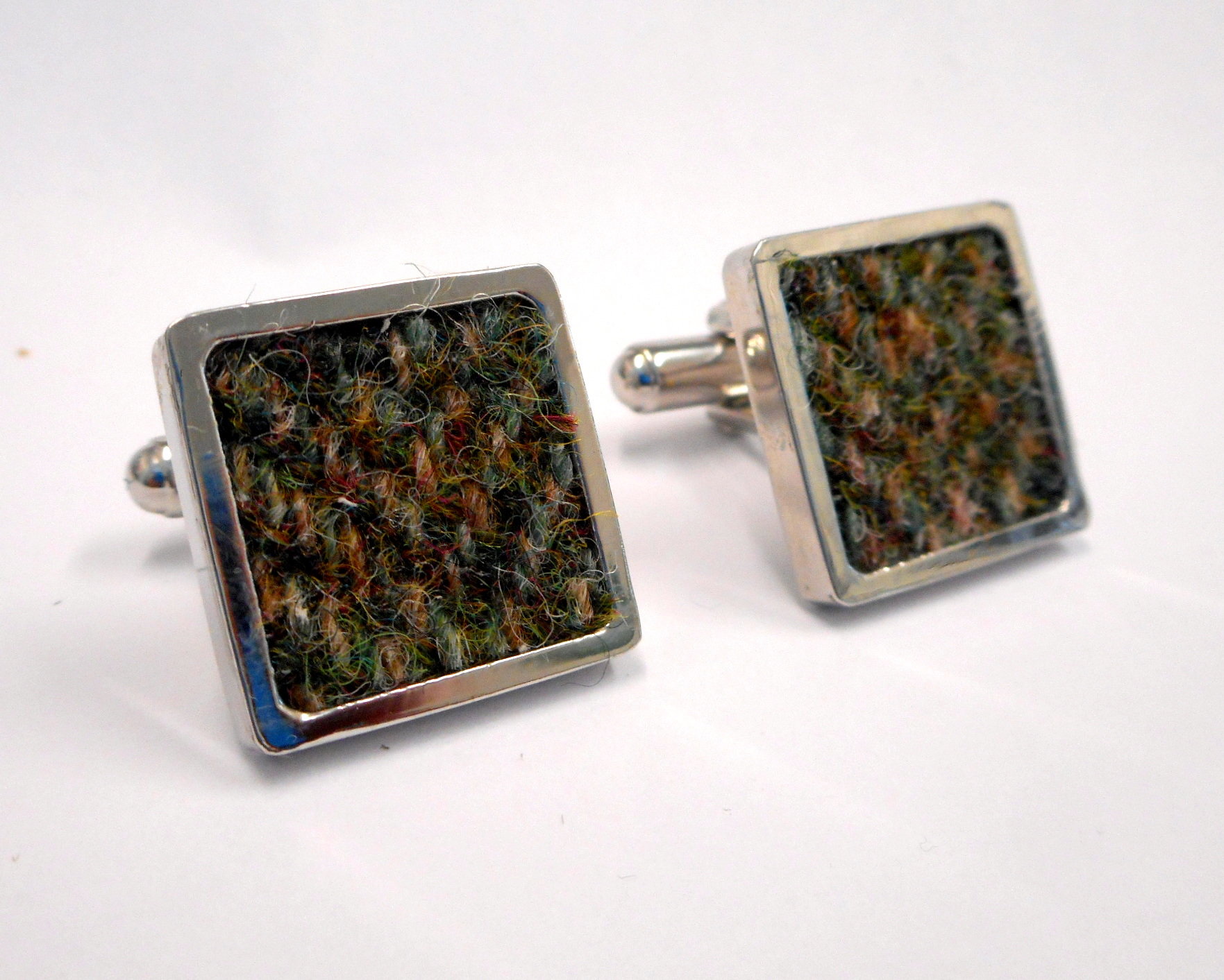 Olive green Harris Tweed cuff links herringbone weave, Scottish gift for men made in Scotland