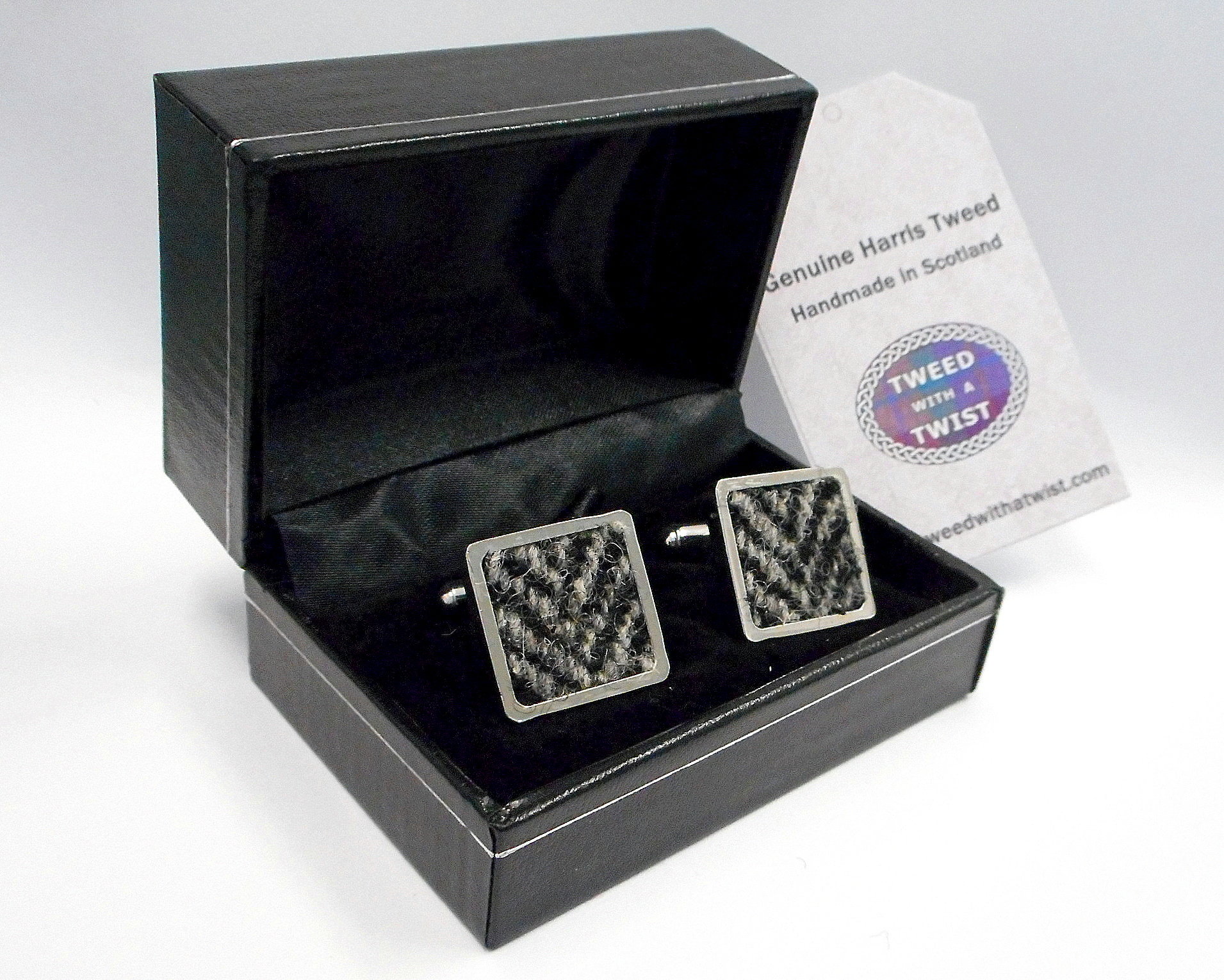 Harris-tweed-cufflinks-grey-black-herringbone-gift-for-men