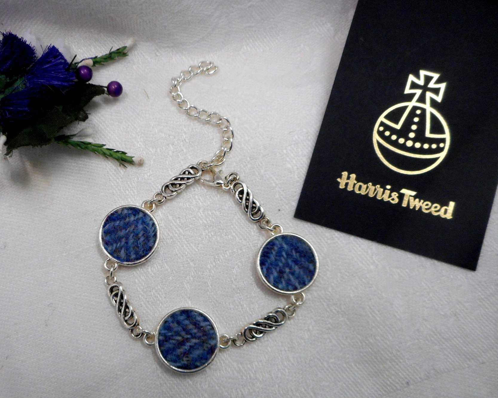 Blue Harris Tweed bracelet celtic knot bangle made in Scotland womens or bridesmaid jewellery,  mothers day  Christmas or birthday gift
