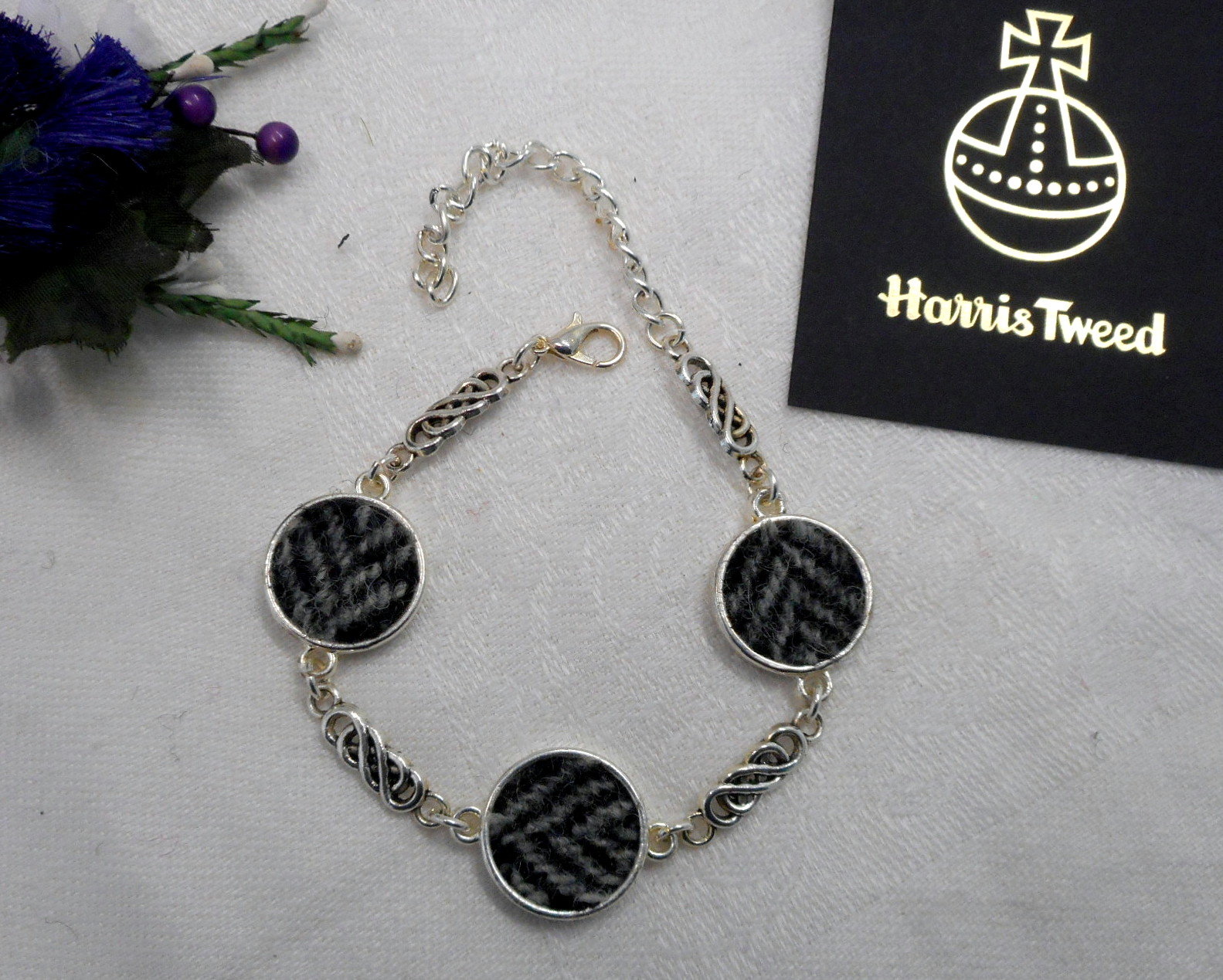 Grey Black Herringbone Harris Tweed celtic bracelet made in Scotland  ,womens or bridesmaid jewellery,  mothers day  Christmas or birthday gift