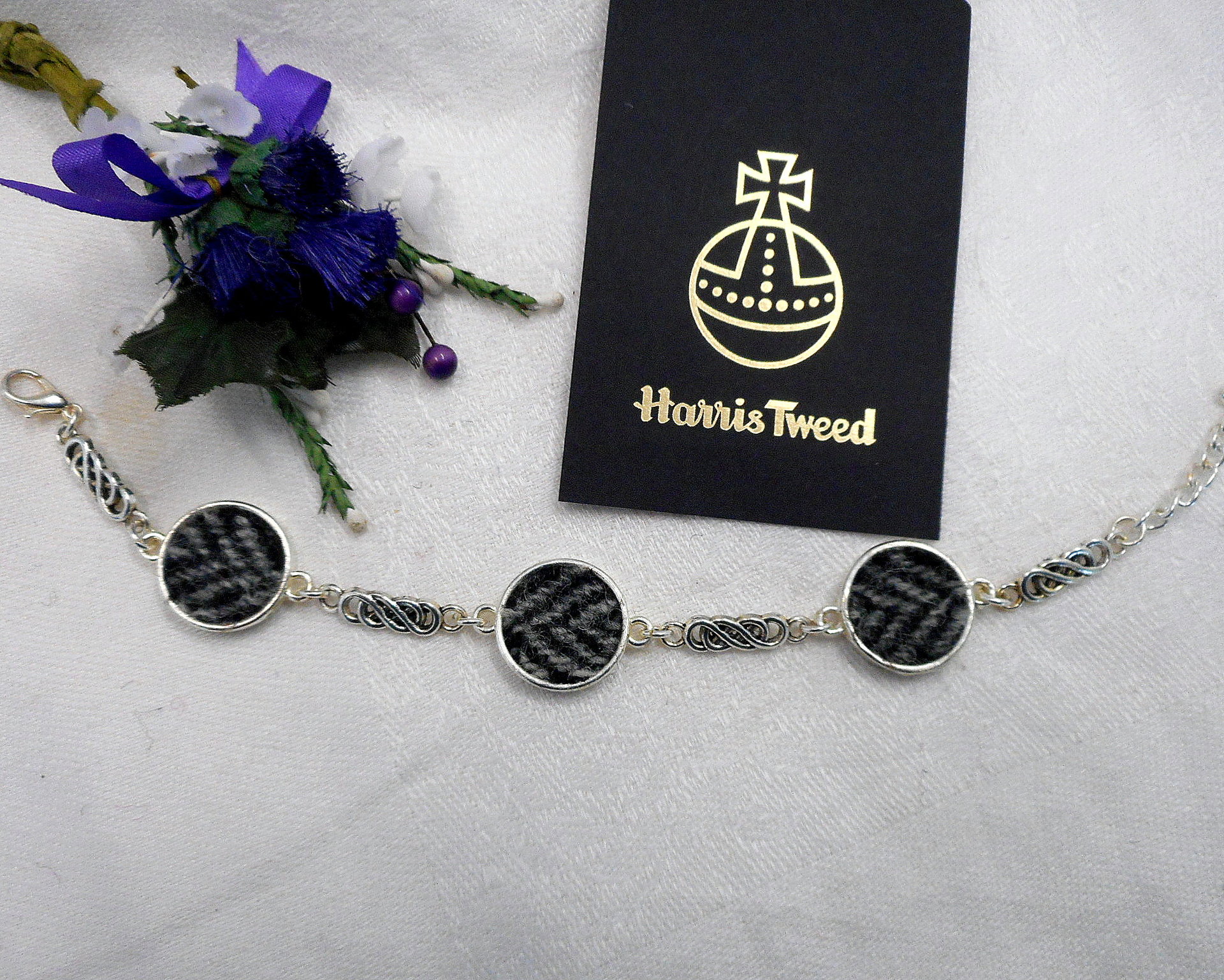 Grey Black Herringbone Harris Tweed celtic bracelet made in Scotland  ,womens or bridesmaid jewellery,  mothers day  Christmas or birthday gift