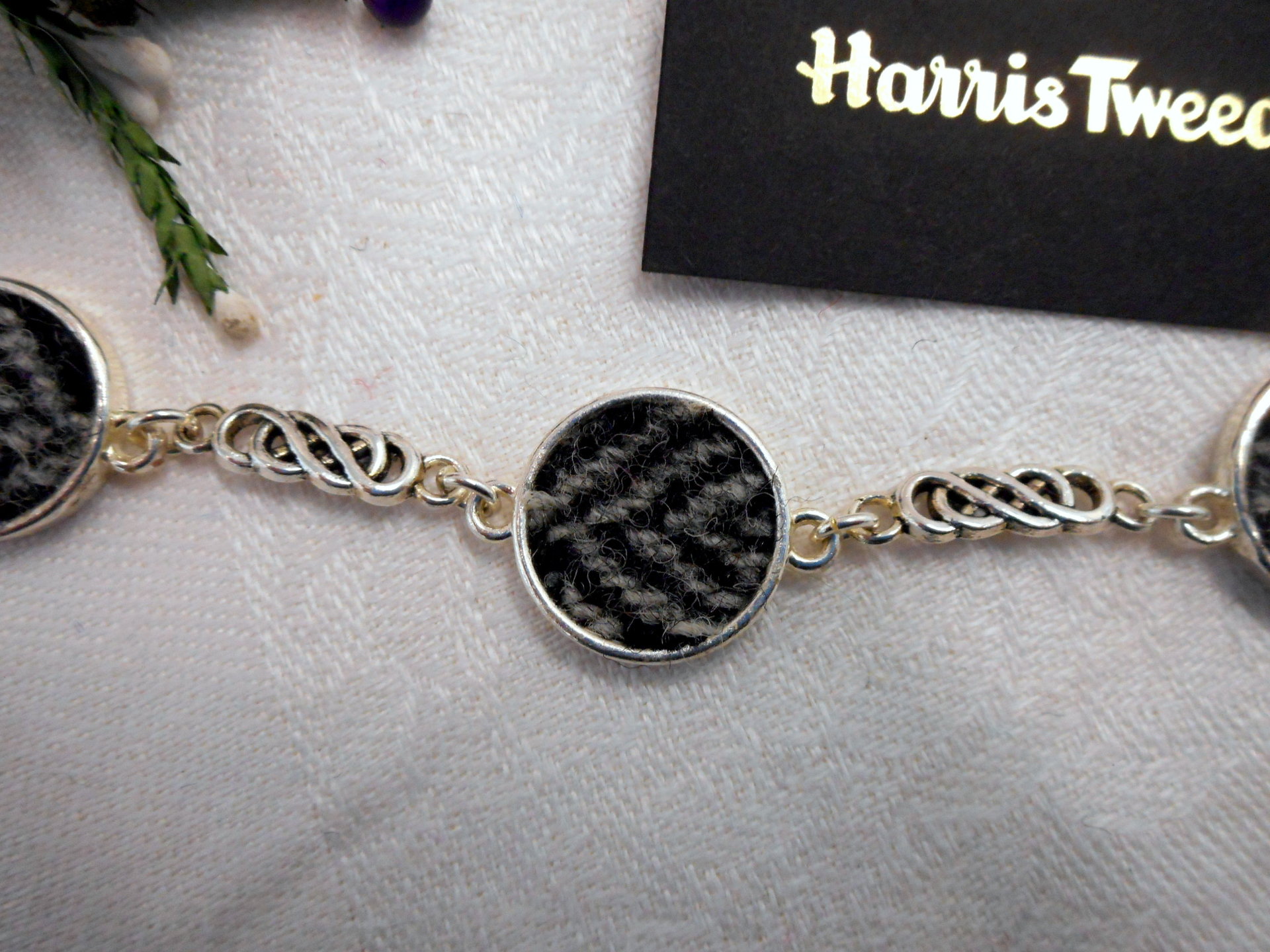 Grey Black Herringbone Harris Tweed celtic bracelet made in Scotland  ,womens or bridesmaid jewellery,  mothers day  Christmas or birthday gift