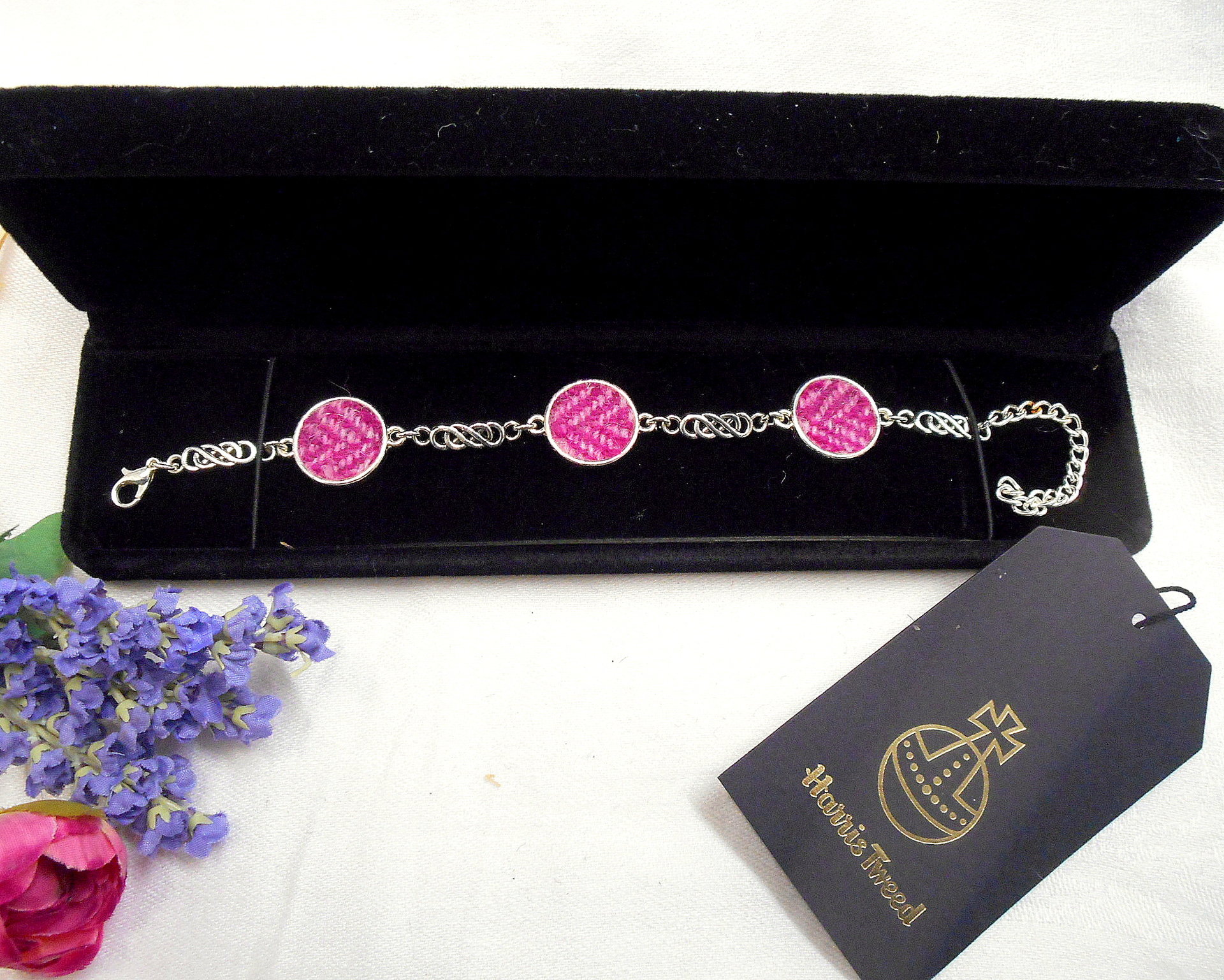 Pink Herringbone Harris Tweed bracelet with celtic knots  made in Scotland womens or bridesmaid jewellery,  mothers day  Christmas or birthday gift