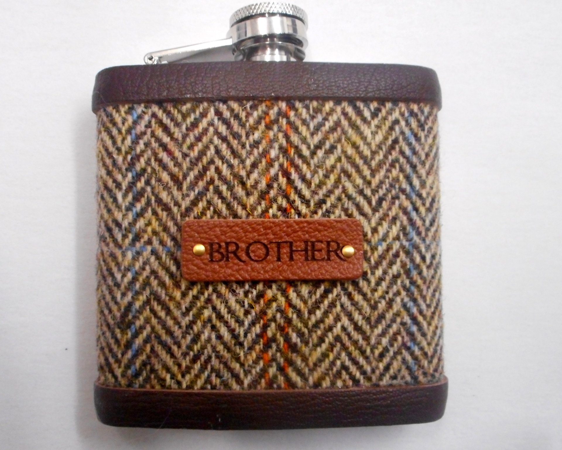 Gift for Brother Harris Tweed hip flask , Scottish luxury gift for Christmas , birthday with real leather label choose any tweed