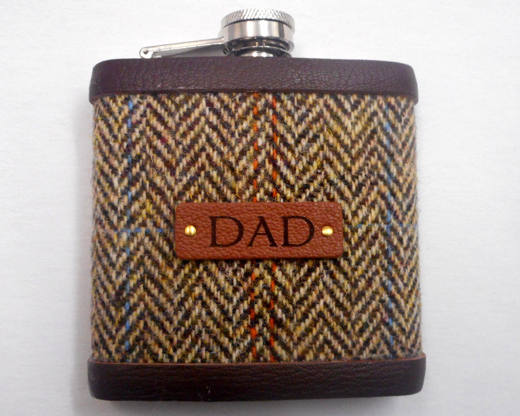 Gift for Dad Harris Tweed hip flask , Scottish luxury gift for retirement, birthday or Christmas  in choice of any tweed with real leather label