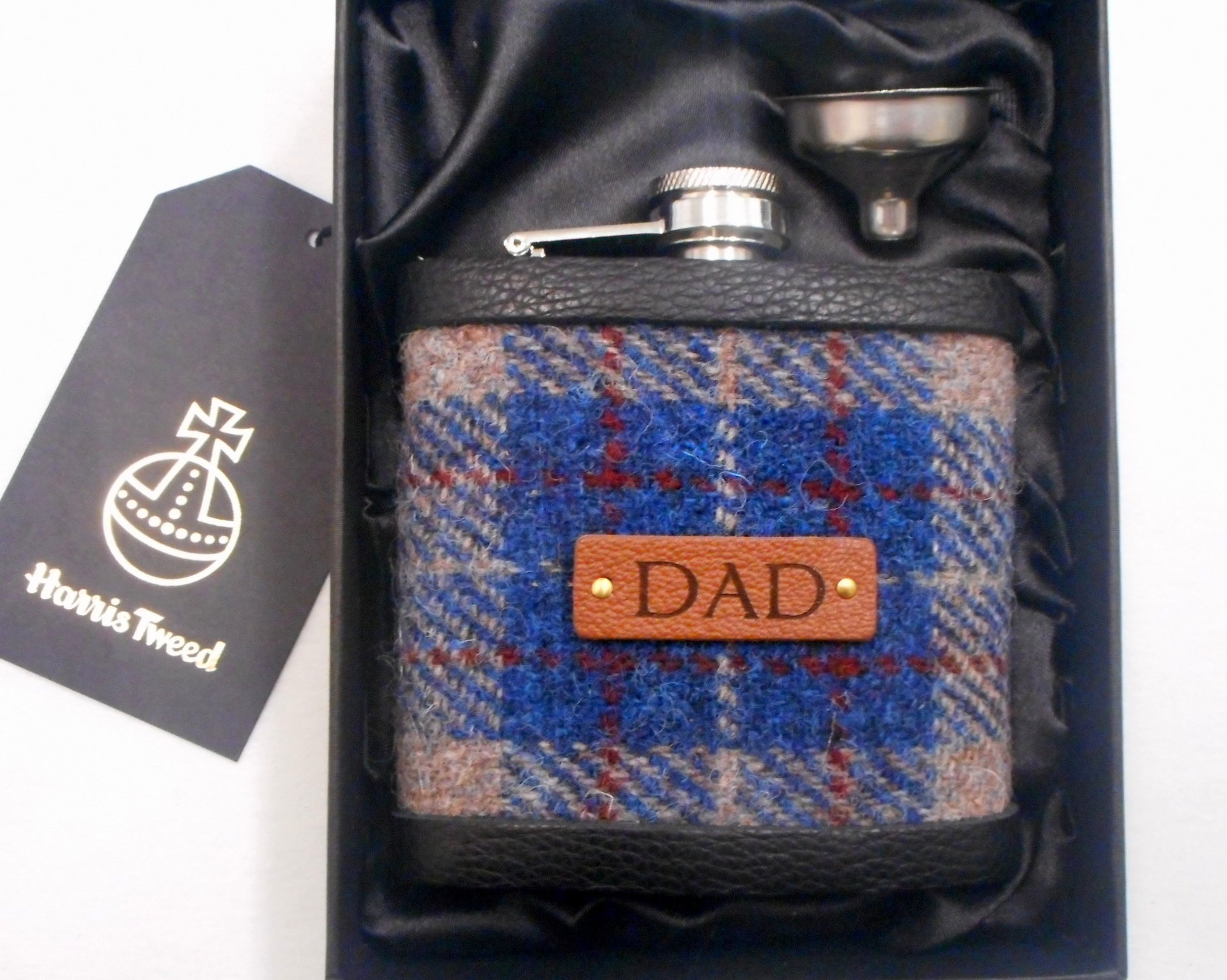 Gift for Dad Harris Tweed hip flask , Scottish luxury gift for retirement, birthday or Christmas  in choice of any tweed with real leather label
