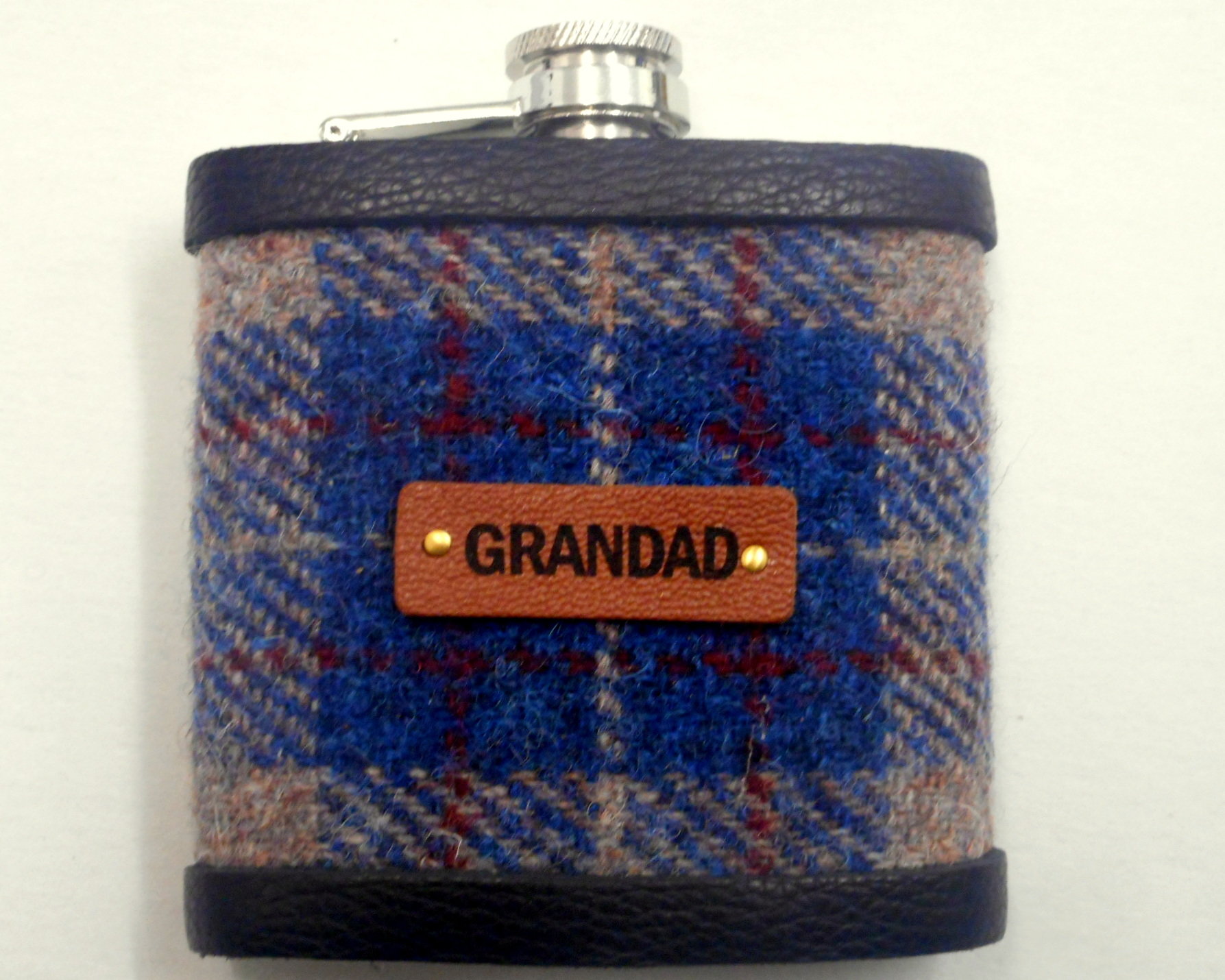 Gift for Grandad Harris Tweed hip flask  for Christmas , birthday Scottish luxury gift for him with real leather label choose any tweed