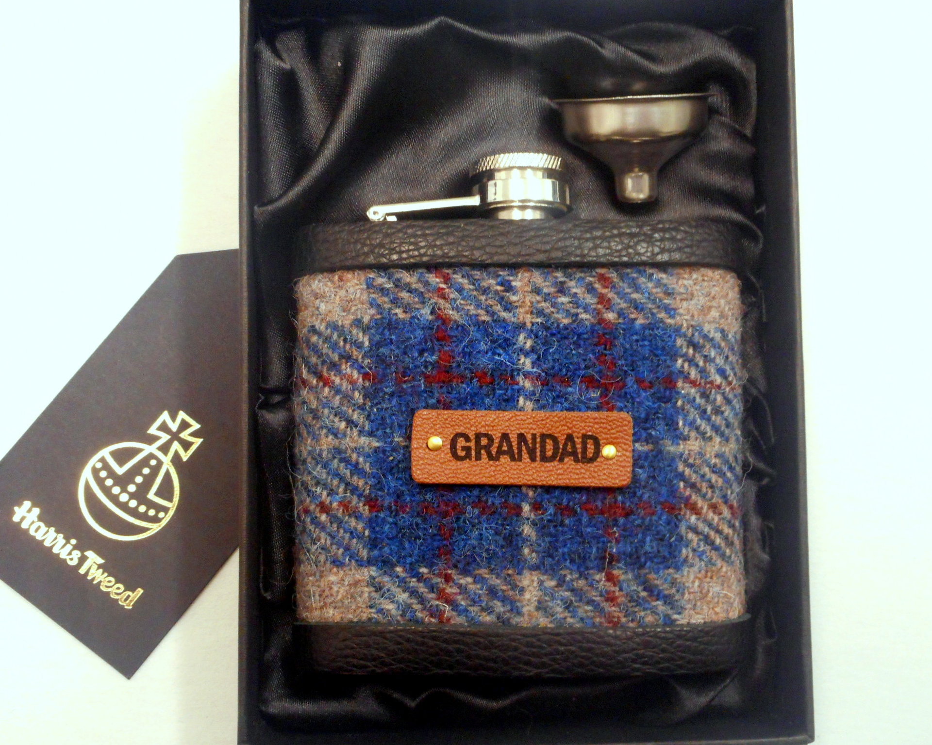 Gift for Grandad Harris Tweed hip flask  for Christmas , birthday Scottish luxury gift for him with real leather label choose any tweed