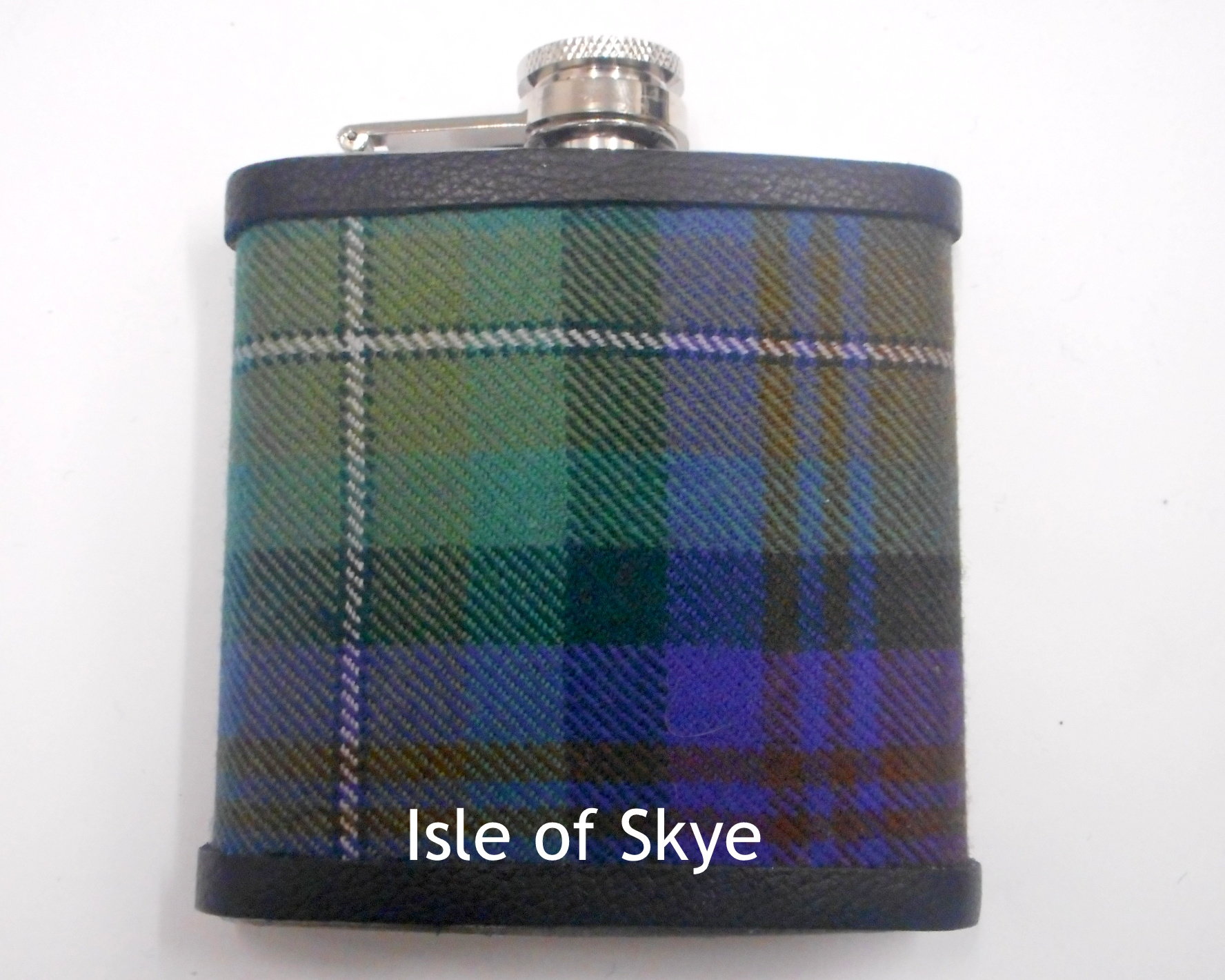 Hebridean Thistle tartan hip flask with thistle and stainless steel tag engraved with personalisation initials, name, date, motto etc. of your choice
